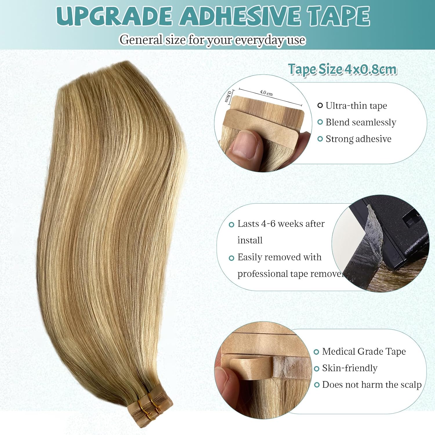 Human Hair Tape in Hair Extensions 16 Inch Color Golden Blonde Fading to Platinum Blonde Invisible Double Sided Tape Ins Human Hair Extensions 100g Natural Seamless Skin Weft 20PCS Add Volume 30G