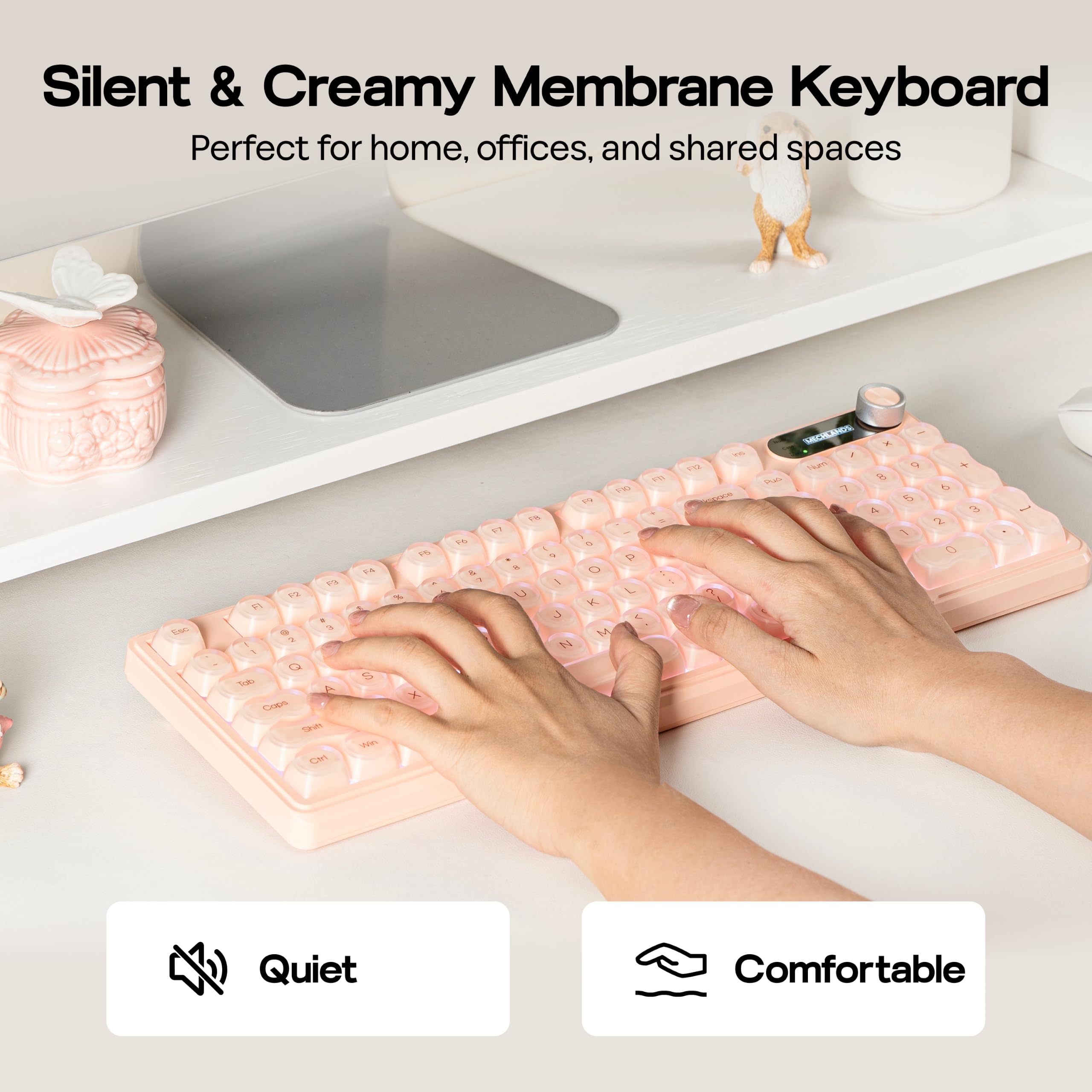 MechLands M98 Teclado silencioso con numérico, Estructura Suave, 3 Modos inalámbrico, batería 5000mAh, Pantalla, Perilla, RGB. Compatible Win/Mac, para Gaming y Oficina