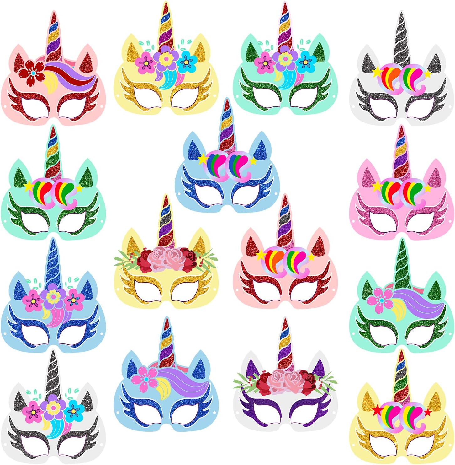 ZYOZIQUE 15 Packs Unicorn Masks for Boys and Girls Dress Up Birthday Party Favors, Unicorn Maskss with 15 Different Types Felt Maskss Princess Maskss for Kids Party Supplies