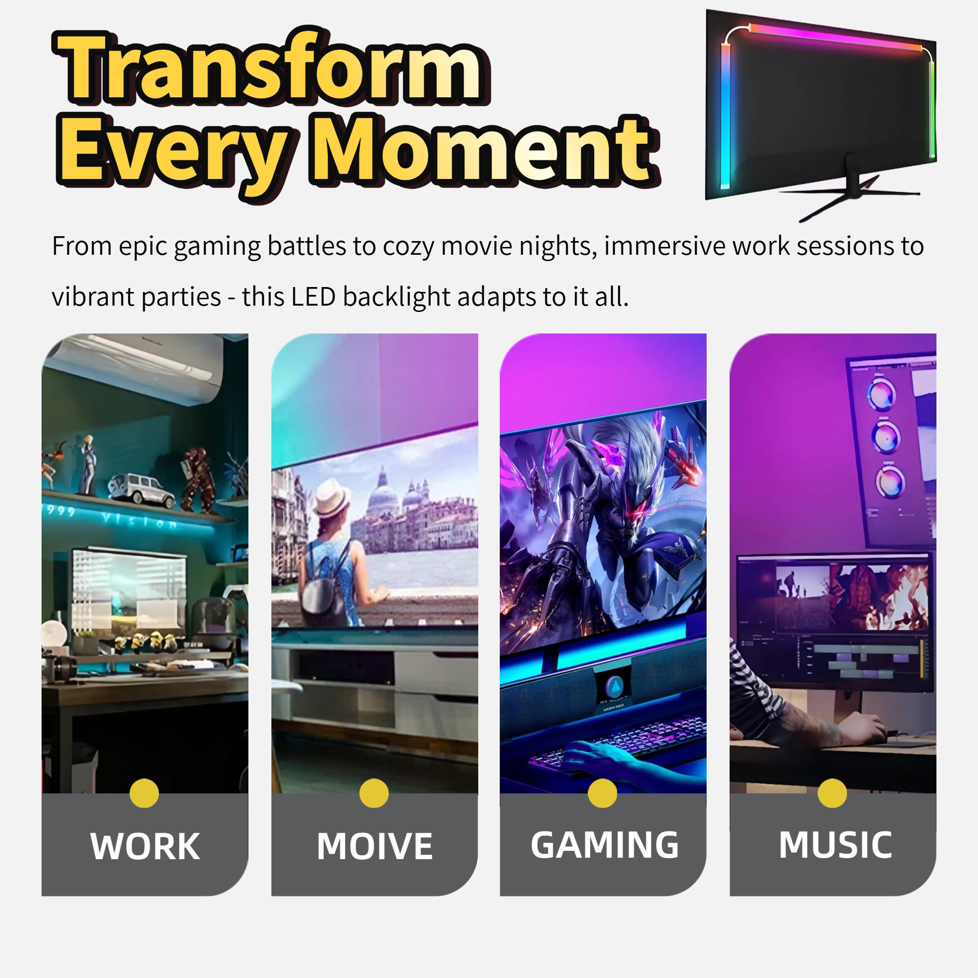 Retroiluminación de monitor de 24 pulgadas, tira LED reactiva para PC y Mac, color de pantalla y sincronización de música, iluminación ambiental de control de software para configuración de