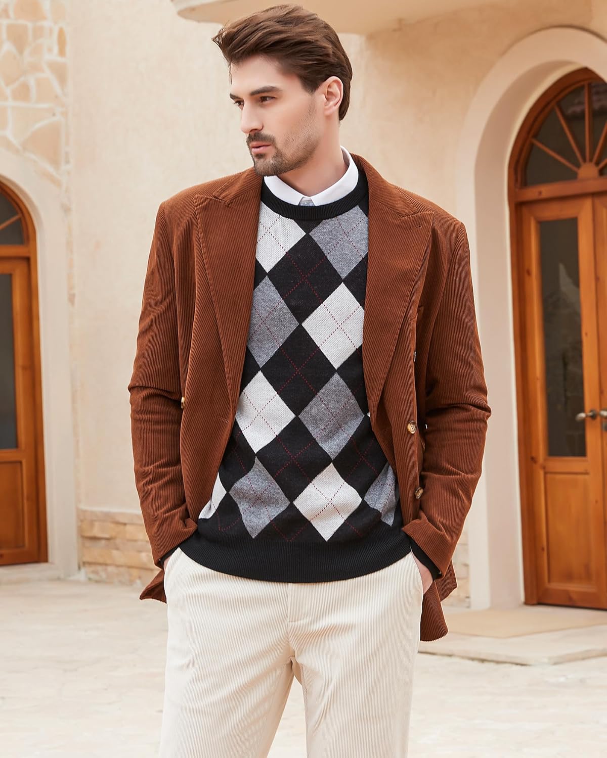 Kallspin Men's Wool Blend Crewneck Sweater Argyle Long Sleeve Pullover Sweater for Casual Or Dressy Wear - Image 5