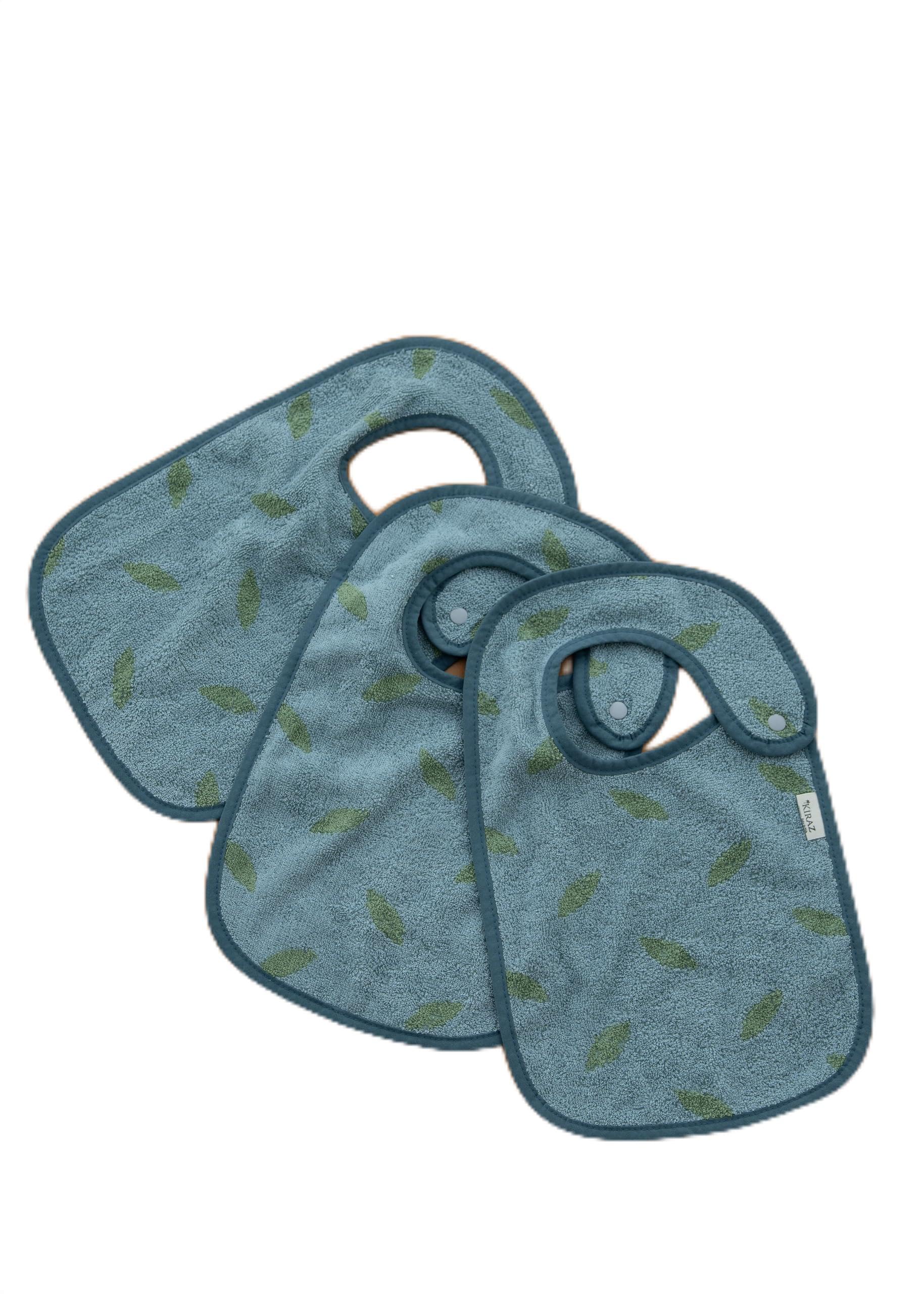 Kiraz Kids 3 Pack Baby Bib Set | OEKO-TEX® Certified Turkish Cotton | Soft Jacquard Bibs with Snap | Baby Bib Set | Large Nursery Bibs (blue leaf pattern)