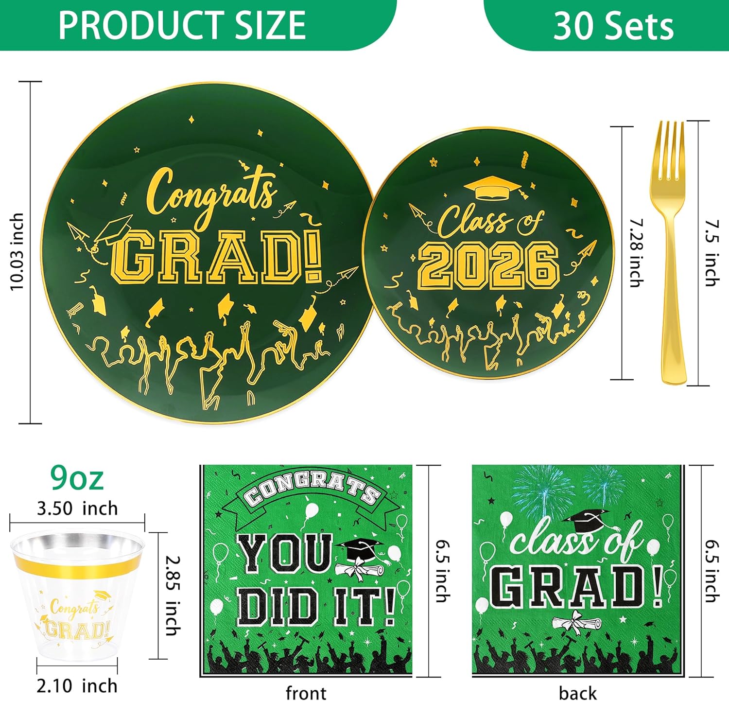 150 Pcs 2026 Graduation Plastic Plates with Disposable Silverware Serves 30 Guests, Green Gold Graduation Disposable Plates Including 30 Dinner&Dessert Plates, Cups, Napkins, Gold Forks for Party