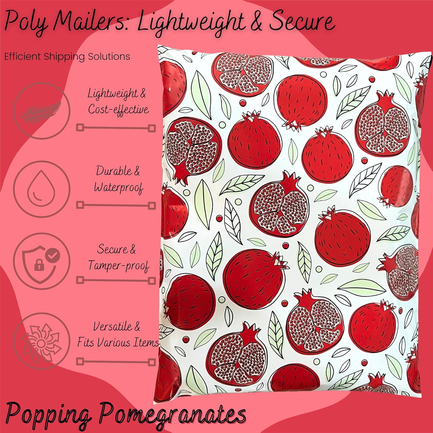 Hawk Poly Mailers 10x13 Cute Fun 3.15mil Tamper-Evident Self-Sealing Shipping Envelopes for Small Businesses Printed Waterproof Mailing Bags Tear Proof Non Padded (Popping Pomegranates, 10x13)