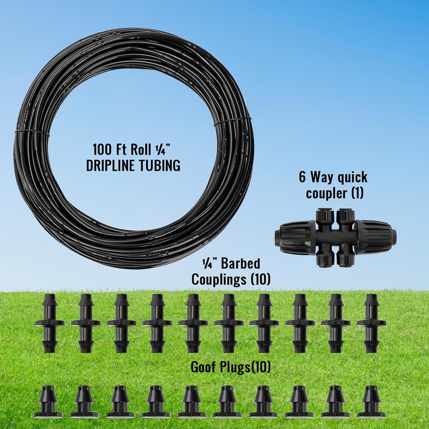 MIXC 1/4" Irrigation Dripline Tubing (100 Ft Roll), Saving 80% Water, 6" Emitter Spacing, 0.5 GPH Emitters Built-In Drip Irrigation Line with 1/4" Fittings Included, Black