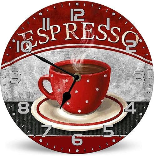 Reloj de pared redondo de madera silencioso, sin tictac, funciona con pilas, color rojo expreso, 10 pulgadas, decoración rústica de granja, para