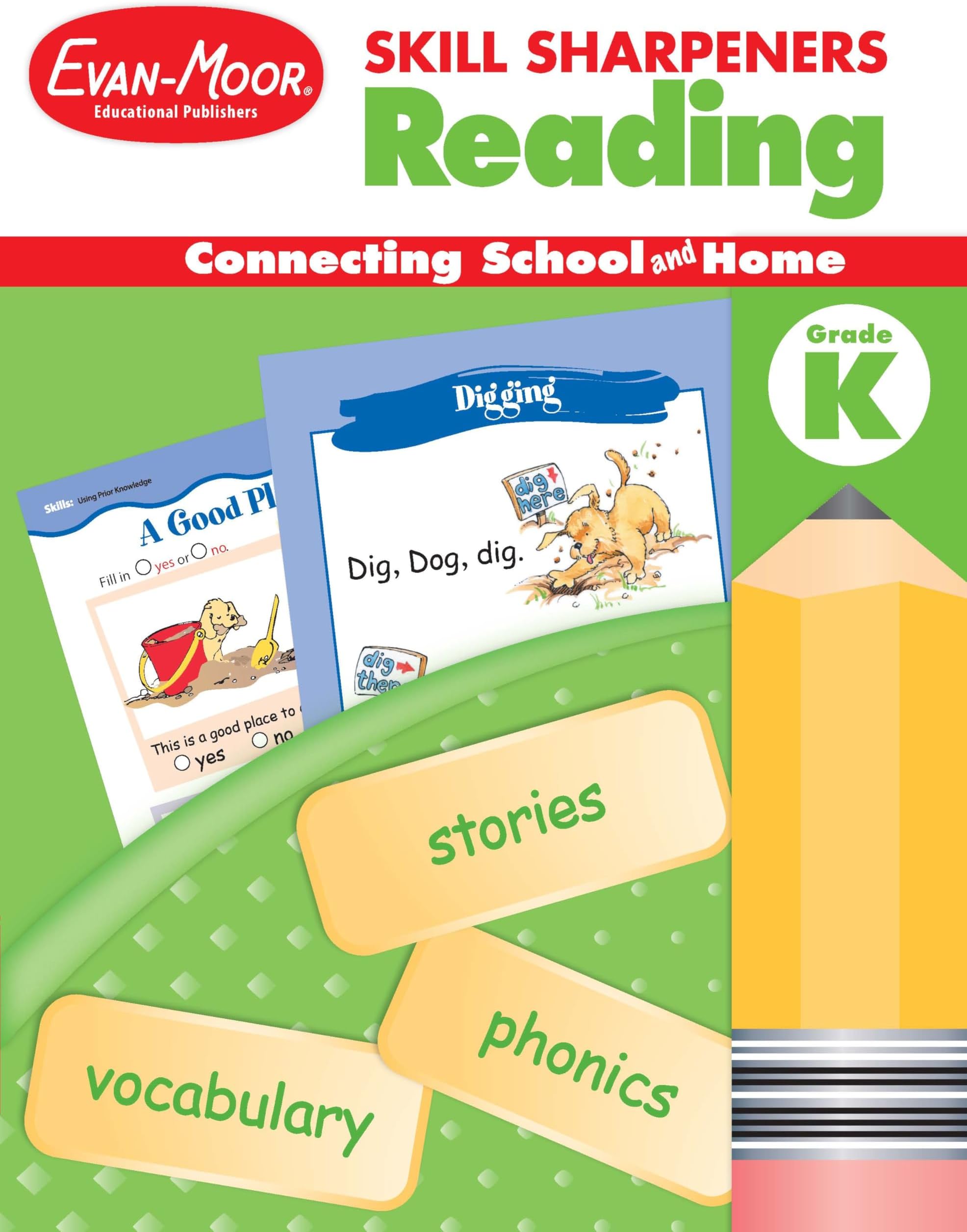 Evan-Moor Skill Sharpeners Reading Workbook, Kindergarten, Vocabulary, Comprehension, Phonics, Word Family, Sequencing, Beginning Sounds, Matching Words and Pictures, Cut and Paste, Homeschool
