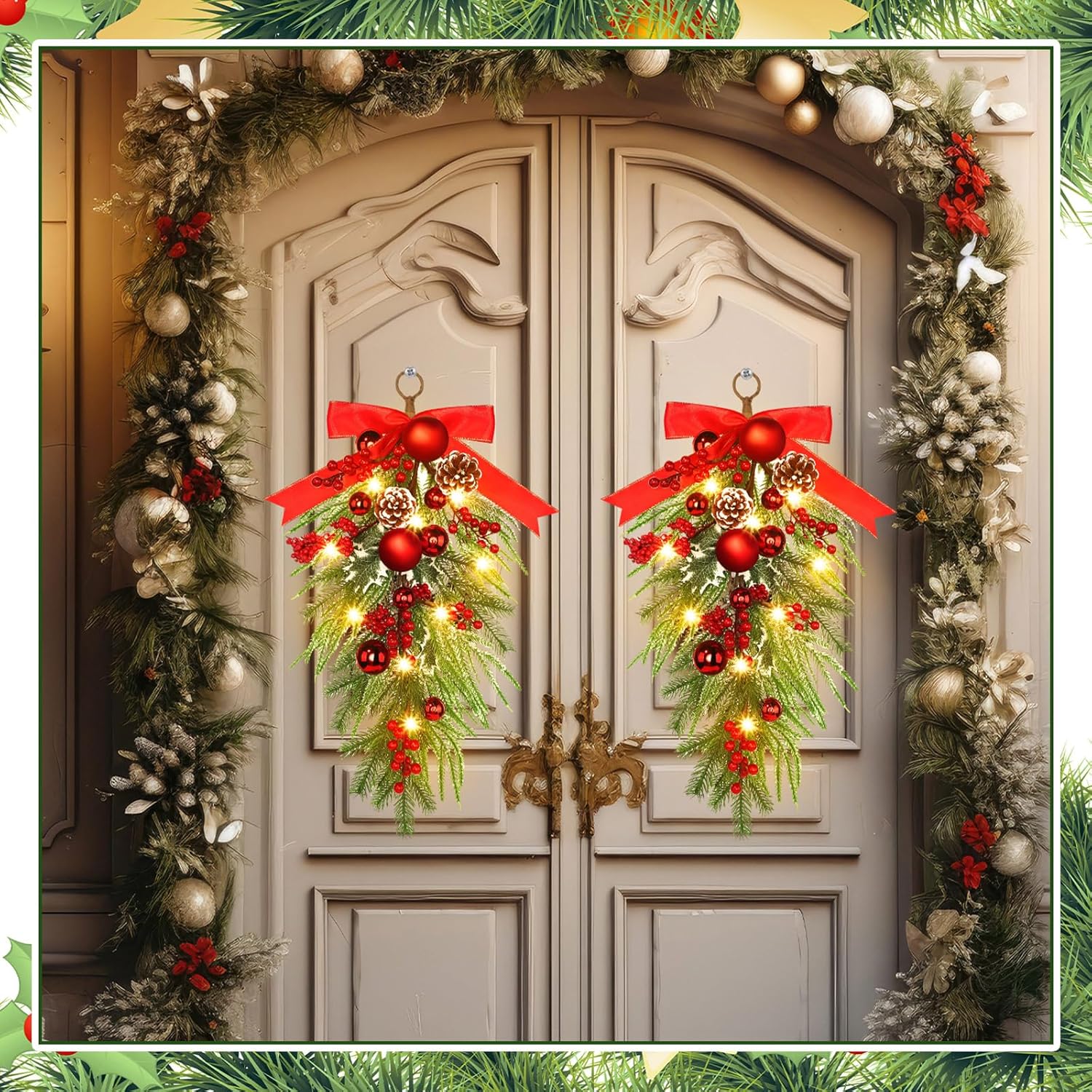 Liliful 2 Pcs 24'' Christmas Teardrop Swags, Christmas Norfolk Stair Swags with Lights Bowknot Berries and Pinecone, Winter Pine Needles Swag for Front Door Wall Window Home Xmas Decor(Stylish)