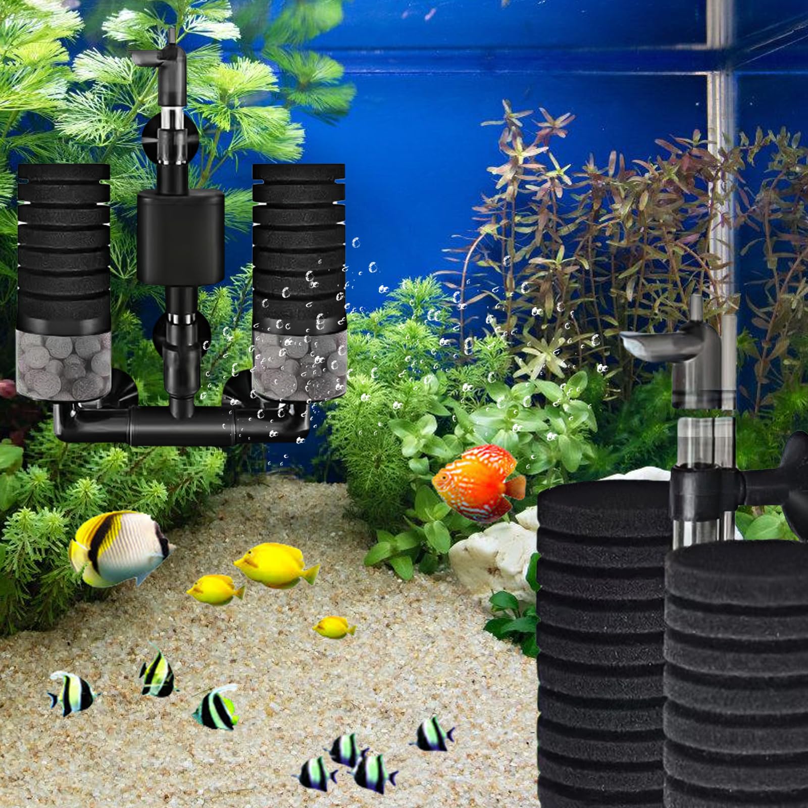 Filtre Éponge d'Aquarium avec Pompe, Filtre Interne Aquarium avec 1 Sac Billes Céramique, Electrique Filtre Aquarium Réglable, Double Filtre Eponge Interieur pour Aquariums de Différentes Profondeurs