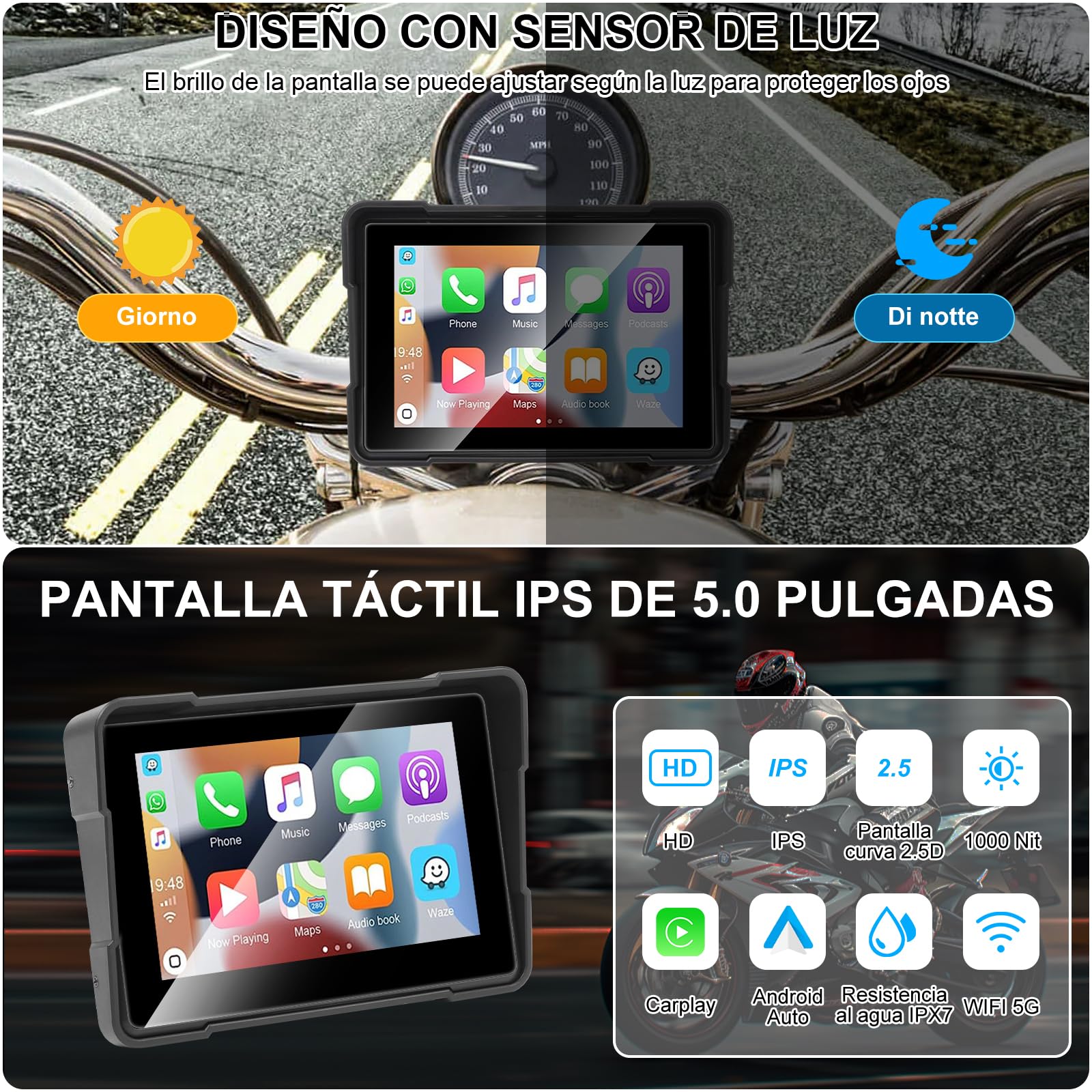 Navigatore Auto Portatile CarPlay Android Auto per Moto 5 Pollici Impermeabile Touchscreen