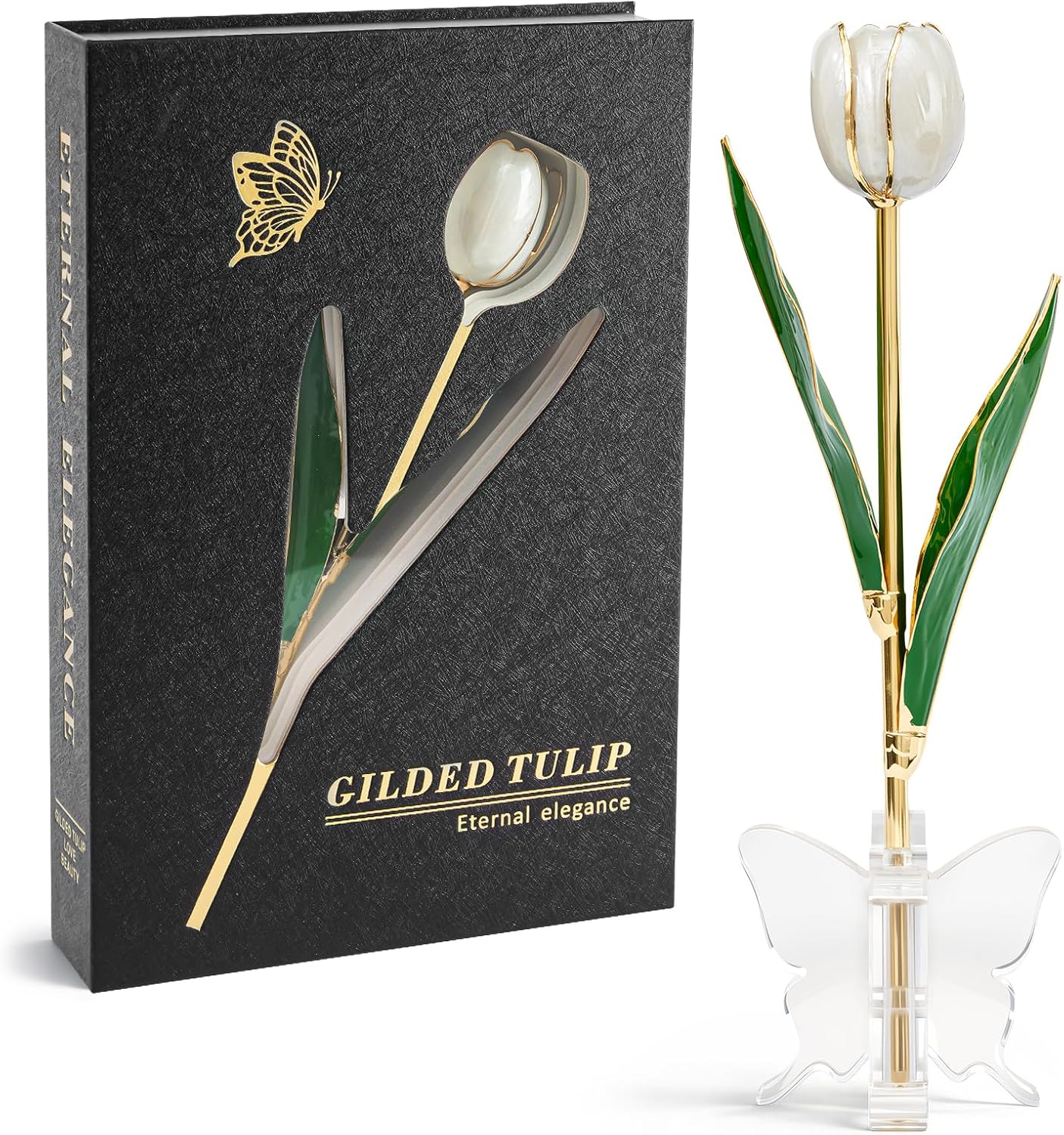 Mikasol Real 24K Gold Dipped Tulip – Pure Pearl White, Elegant Forever Flower Gift with Book-Style Box & Butterfly Stand, Perfect for Her, Mom, Wedding, Anniversary