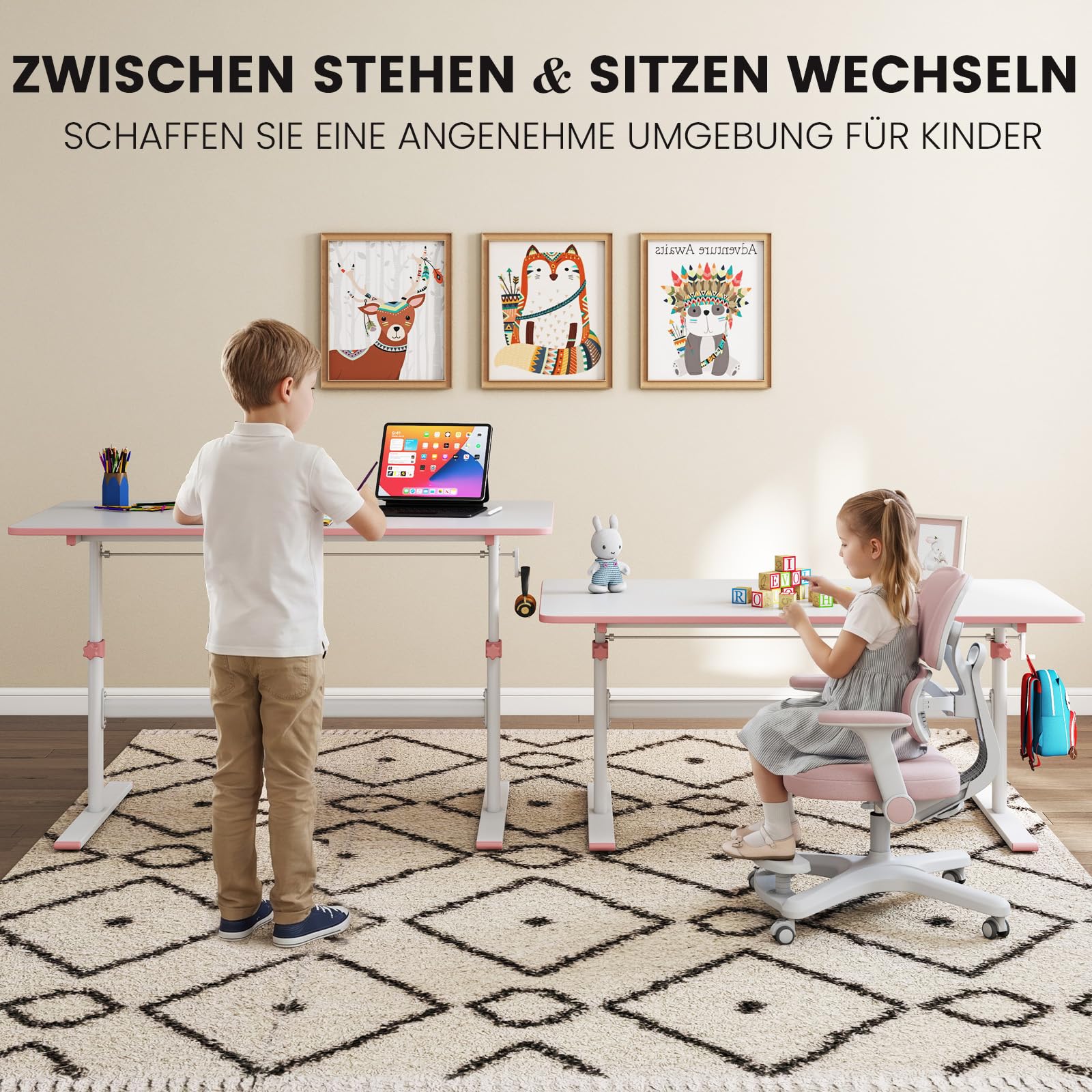 JOYLDIAS Kinderschreibtisch höhenverstellbar 110×60 cm, Rosa | Tischplatte mit Kurbel, blendfreie Oberfläche, Einklemmschutz, abgerundete Ecken