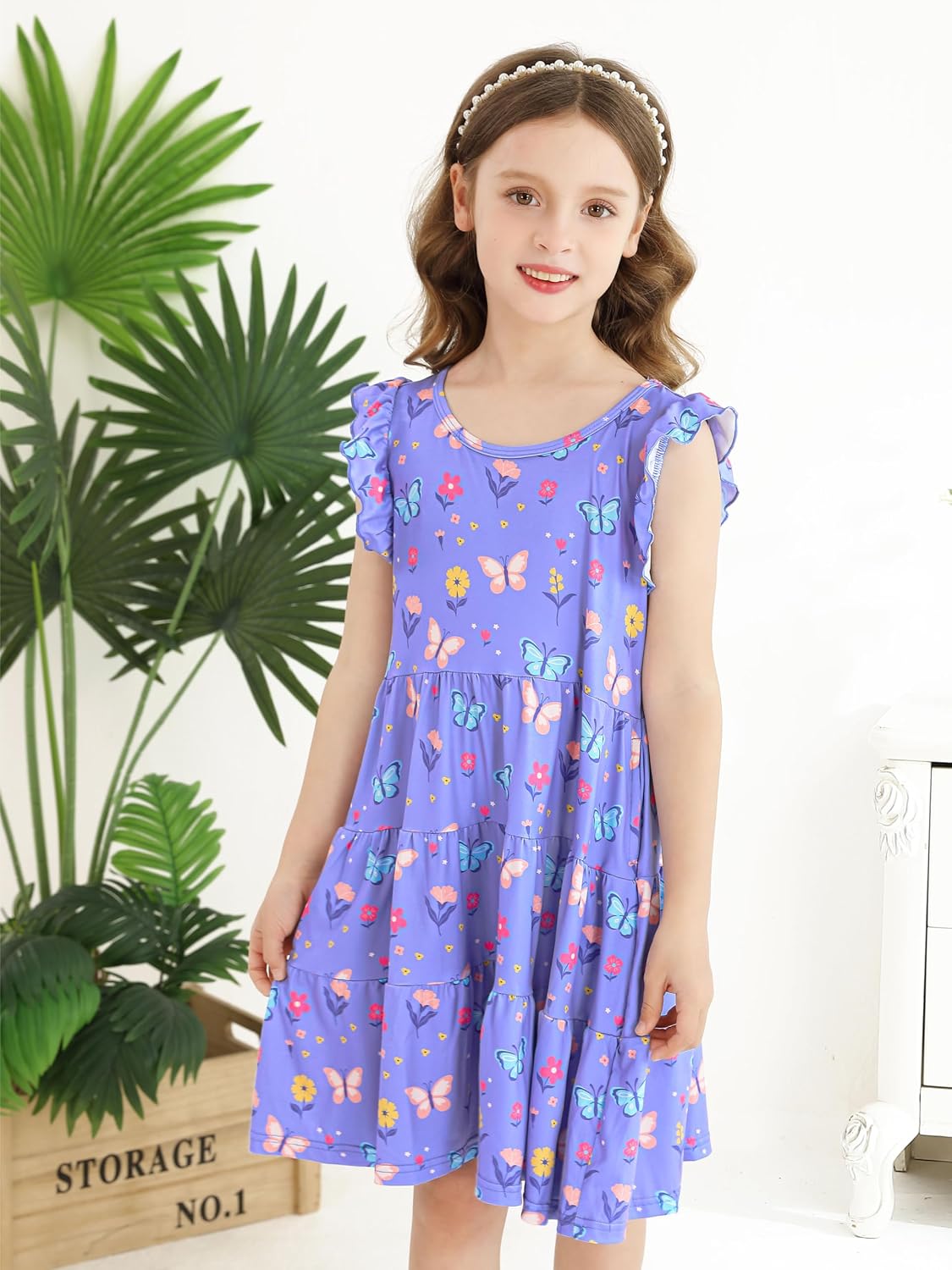 Poroka Girls Ruffle Sleeve Dress Tiered Swing A-Line Twirly Skater Midi Casual Dress for Kids with Pockets Summer Fall Winter image 5
