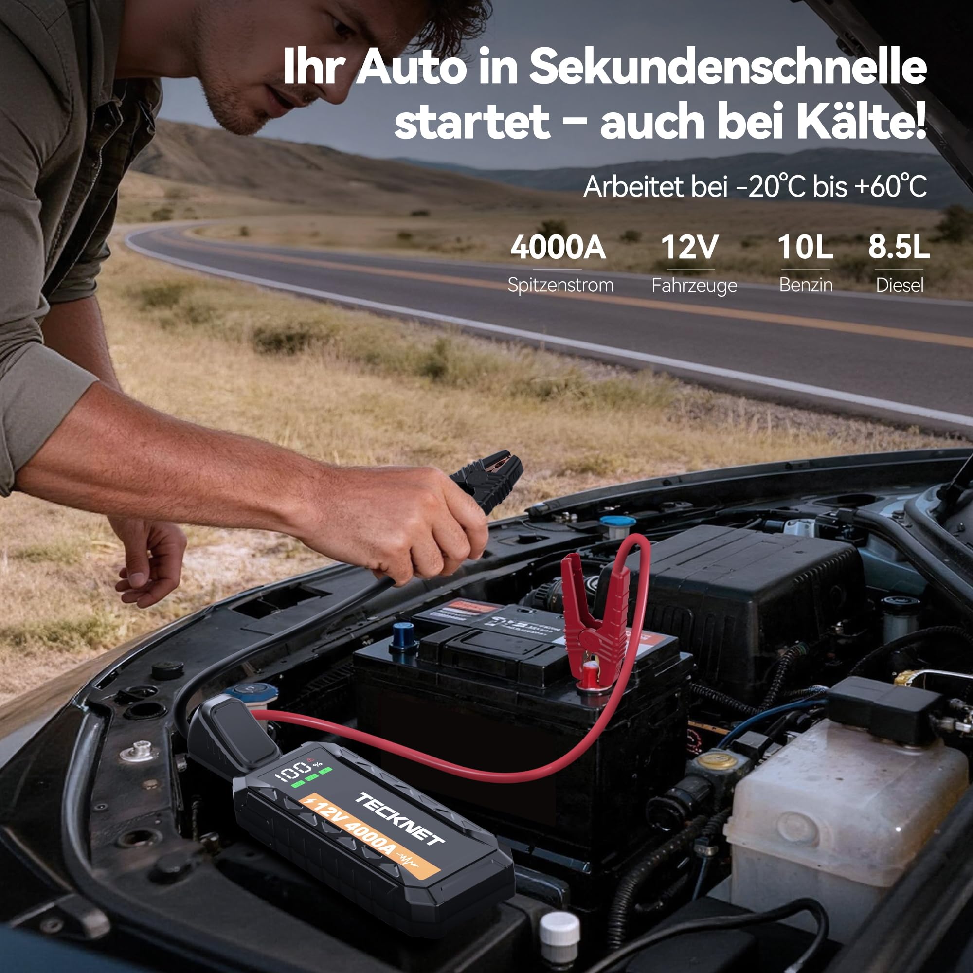 TECKNET Starthilfe Powerbank, 4000A Auto Starthilfe für 12V Fahrzeuge (Bis zu 10L Benzin/8L Diesel), Starter Powerbank mit LED, 2 Schnelllade USB Ausgänge, Batterie Jump Starter mit Starthilfekabel