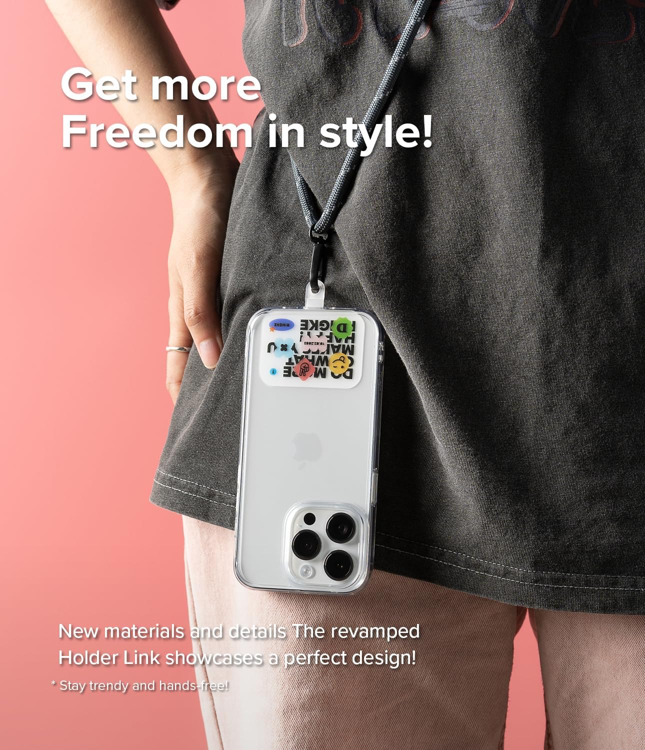 Ringke Holder Link Lettering Patch Adjustable Crossbody Strap with Cell Phone Tether Tab, Universal Multifunctional Lanyard Patch for Most Smartphones - Khaki & White