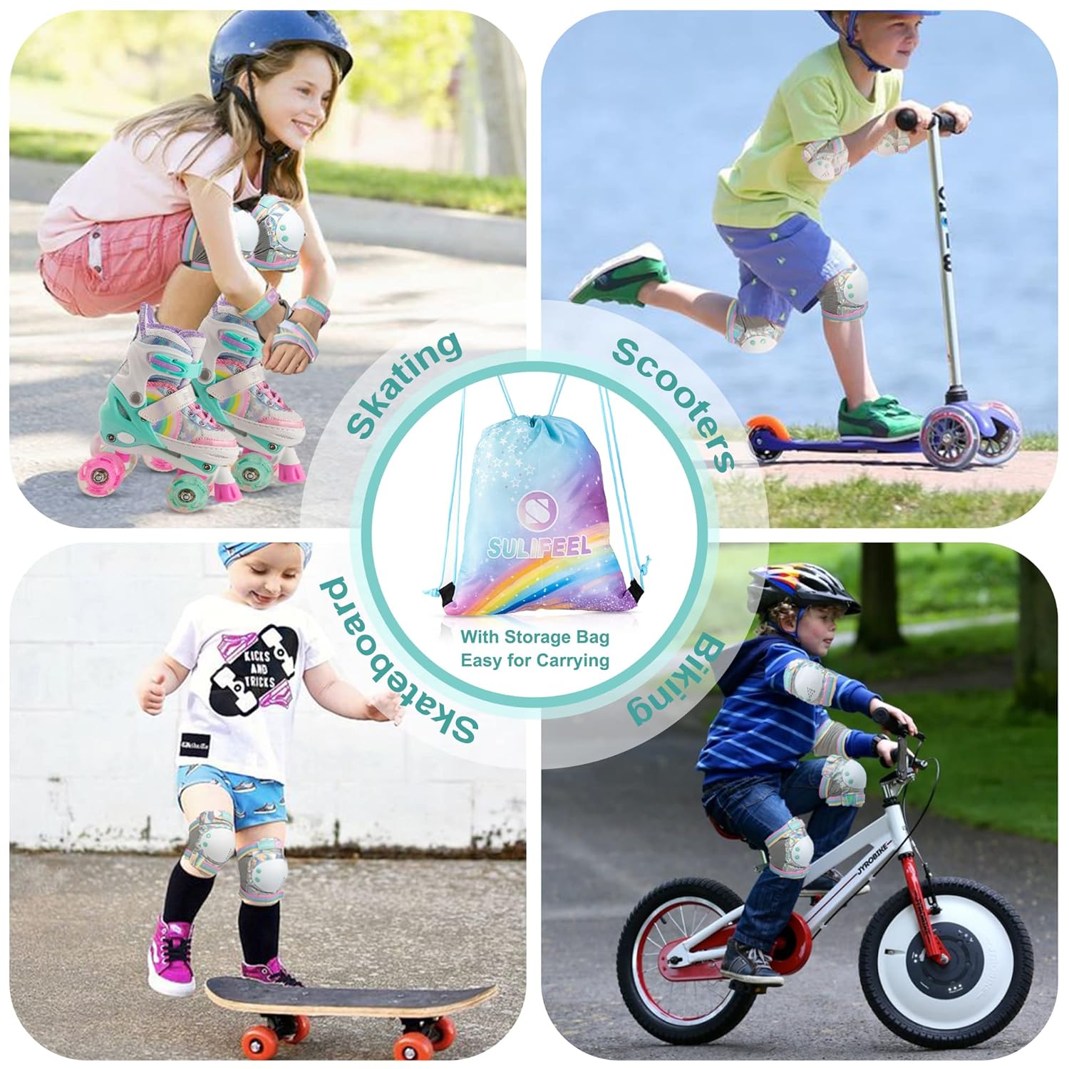 SULIFEEL Rainbow Unicorn Knee Pads for Kids Knee Elbow Pads Wrist Guards with Drawstring Bag Adjustable Protective Gear Set for Girls Roller Skating Bike Cycling Skateboard Scooter Shiny Medium