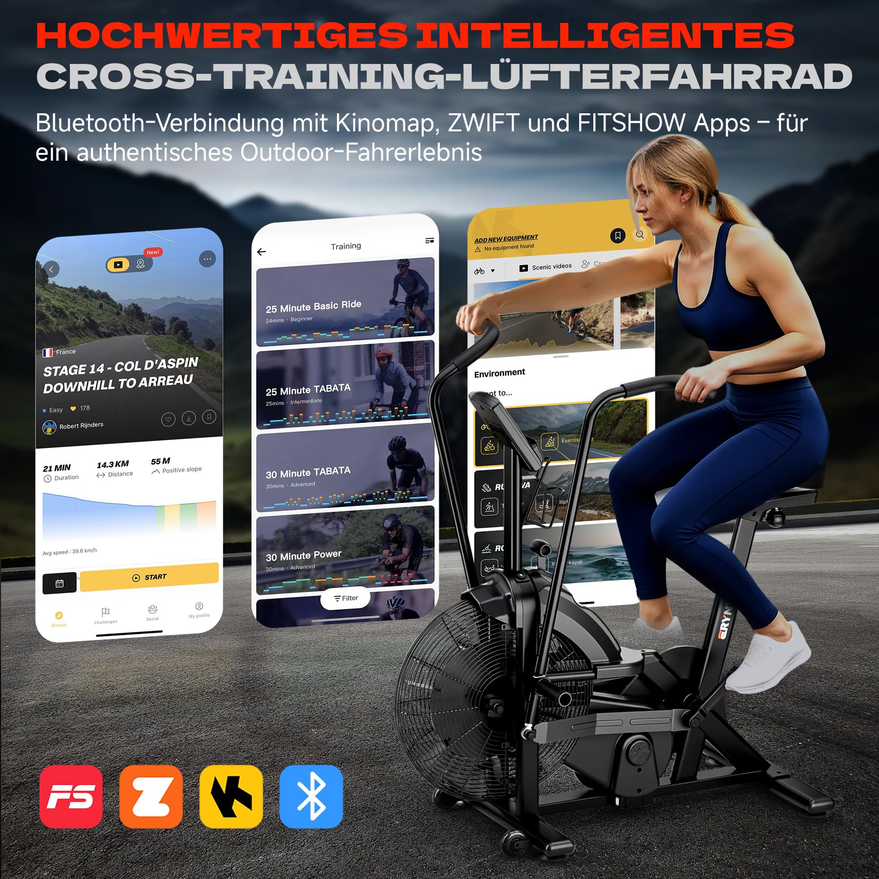 Air Bike, Heimtrainer Fahrrad Air Bike mit Luftwiderstand, Trainingsfahrrad mit Einstellbarem Magnetwiderstand, Leises Indoor-Fitnessbike für Ganzkörpertraining, LCD Monitor, App Verbindung