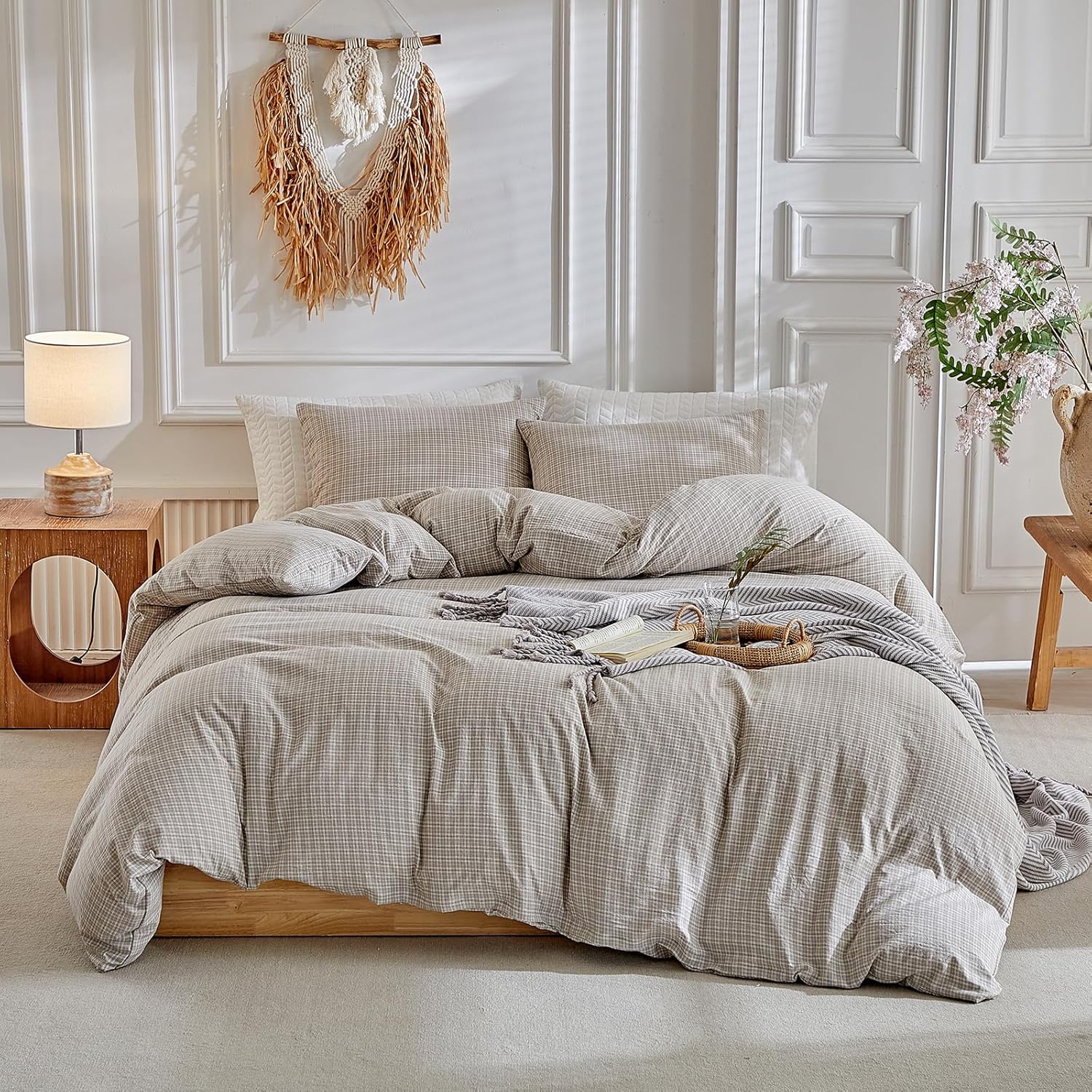 DuShow Grid King Duvet Cover Set - Taupe Plaid Checkered Washed Microfiber Comforter Cover Set, 3 Pieces Soft Reversible Bedding Set(Taupe,King) - Image 2