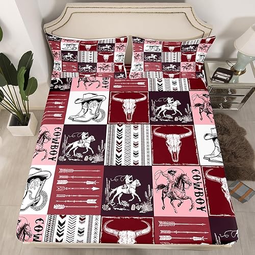 Miniatura 4 de Manfei Sábana bajera ajustable de vaquero, tamaño matrimonial, con 2 fundas de almohada, juego de ropa de cama de retazos de celosía burdeos, 3