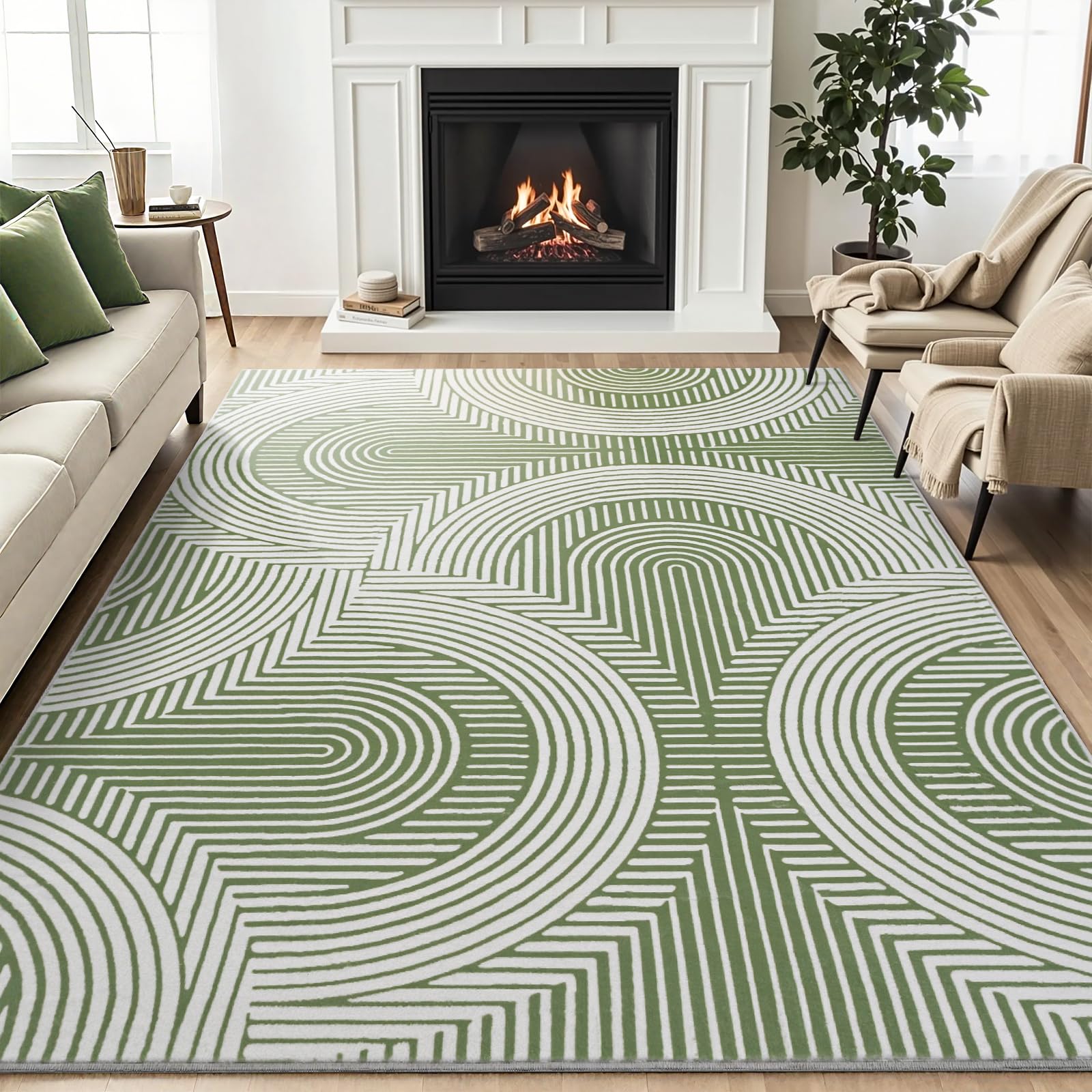 Asrug Green Area Rug 5x7 Feet - Modern Abstract Green Rug Non-Slip Living Room Bedroom Kitchen Carpet Machine