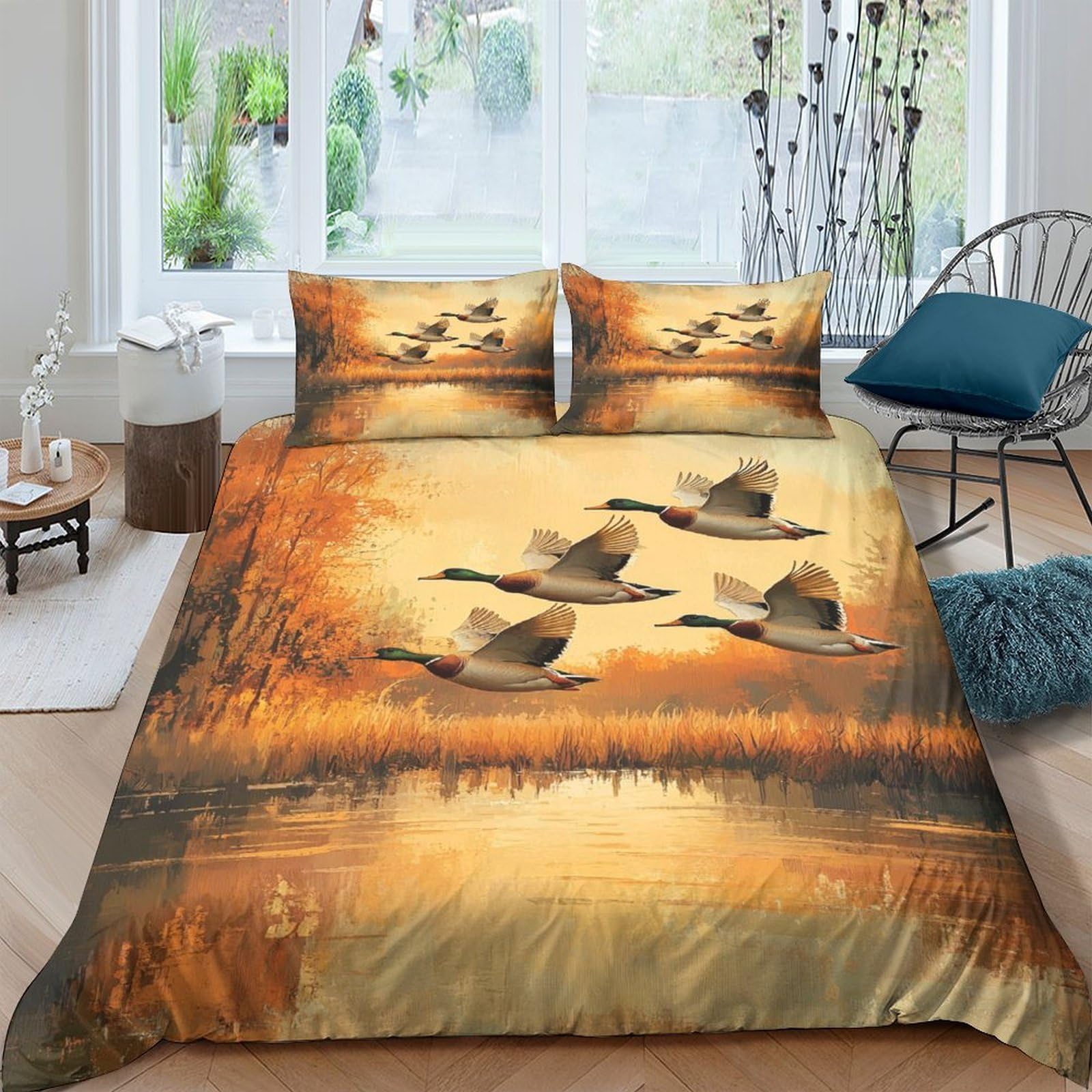 Ctjqhvkz Style-2 3D Printed Sunset Lake Fitted Sheet Microfiber Soft Breathable Flying Swans Mattress Cover For Bedroom Decor Single（135X200cm）