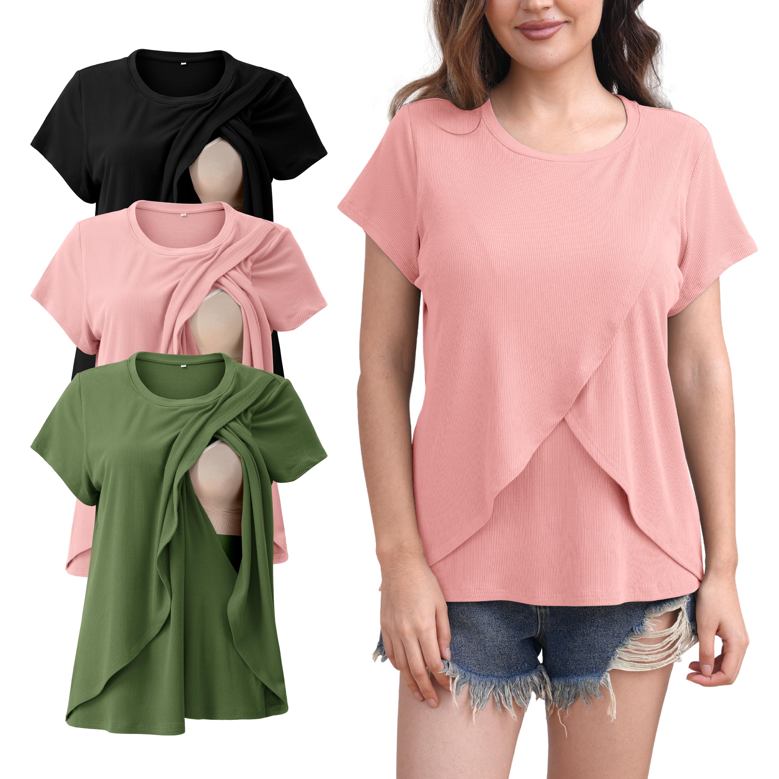 SUNNYBUY 3er Pack Stillshirts Damen Kurzarm mit seitlichem Stillzugang | Weicher Rippstoff, Diskreter Stillzugang, Lockere A-Linie, Schwangerschaft & Stillzeit