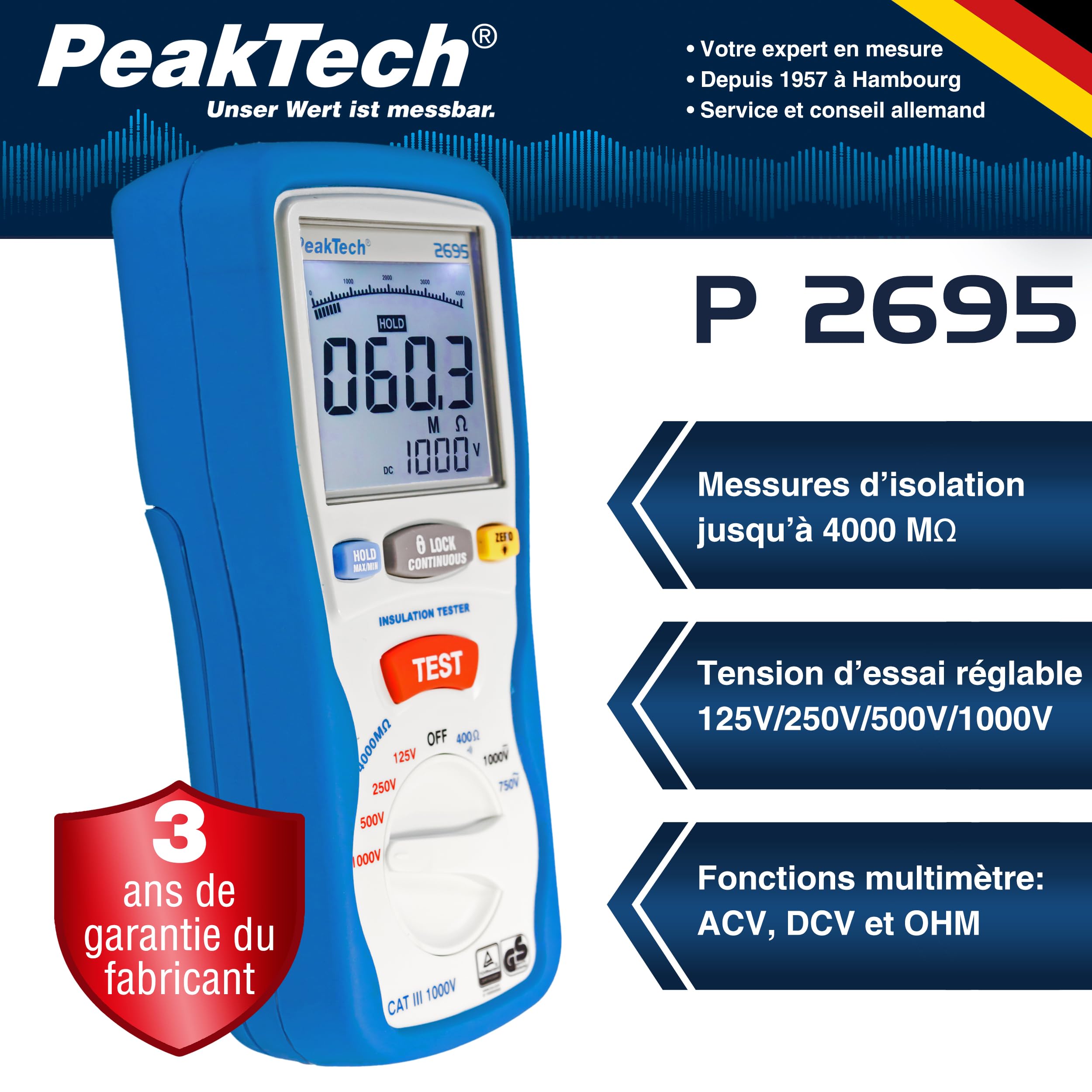 PeakTech 2695 - Testeur d'Isolation Électrique, Voltmètre, Testeur de Continuité, Circuits et Fusibles, Fonctions Min/Max et Data-Hold, TÜV/GS - 125V, 250V, 500V, 1000V