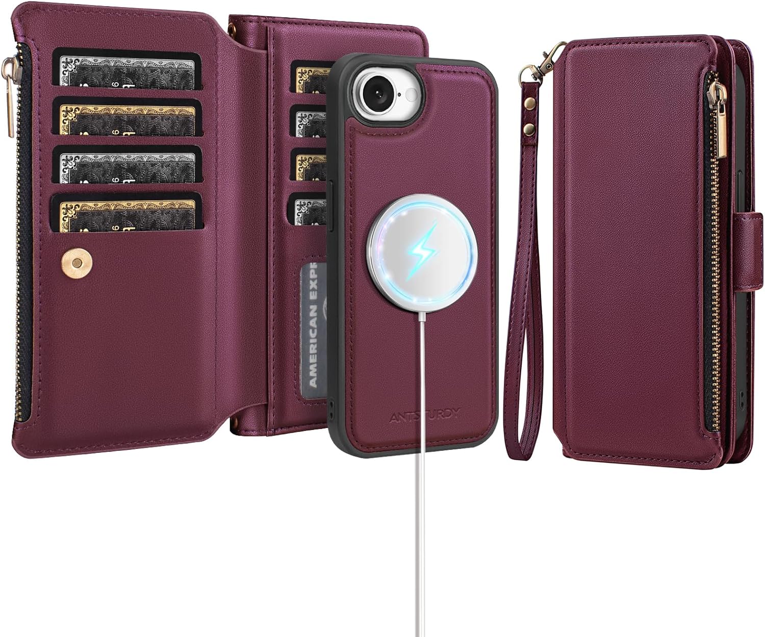 Antsturdy Compatible with Magsafe Magnetic 2 in 1 Detachable iPhone 16e Wallet Case with Credit Card Holder Slots,PU Leather Flip RFID Blocking Phone Cover Wrist Strap Zipper Women Men,Wine Red