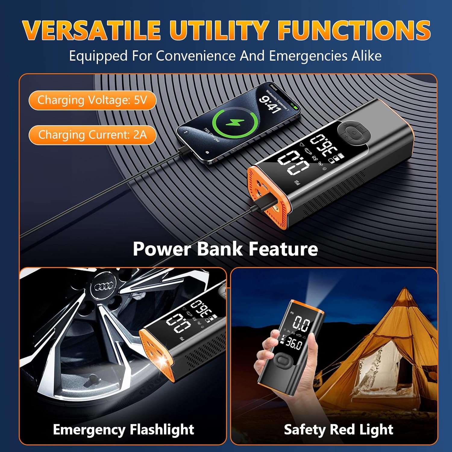 Tire Inflator Portable Air Compressor 25000mAh & 3X Faster Cordless Tire Pump for Car,Air Pump 180PSI for Car Motorcycle Bicycle and More with Pressure Gauge