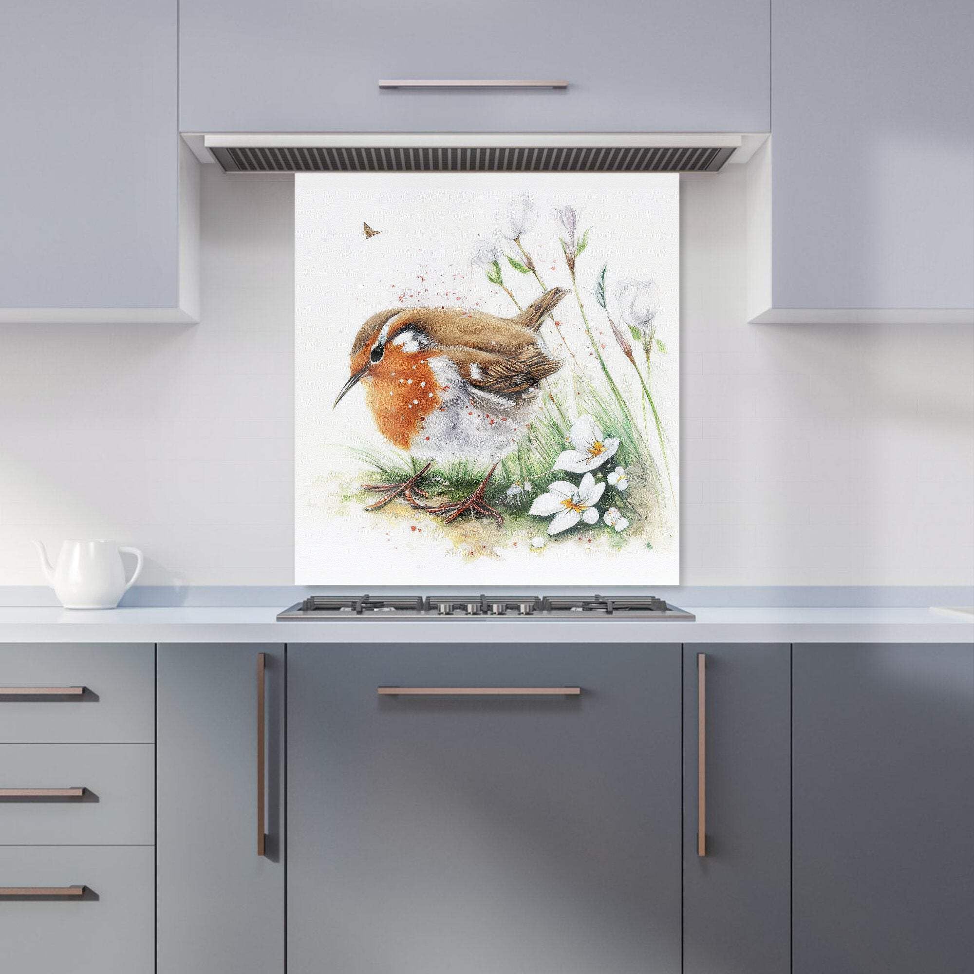 Robin And Daisies Watercolour Kitchen Splashback - Warren Reed - Toughened Glass - W900mm x H750mm