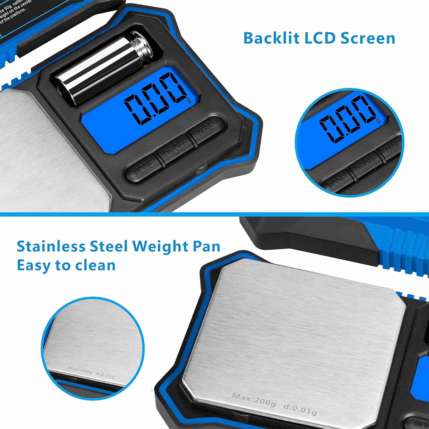 Close-up of the Fuzion Digital Pocket Scale showing the backlit LCD screen and stainless steel weighing pan.