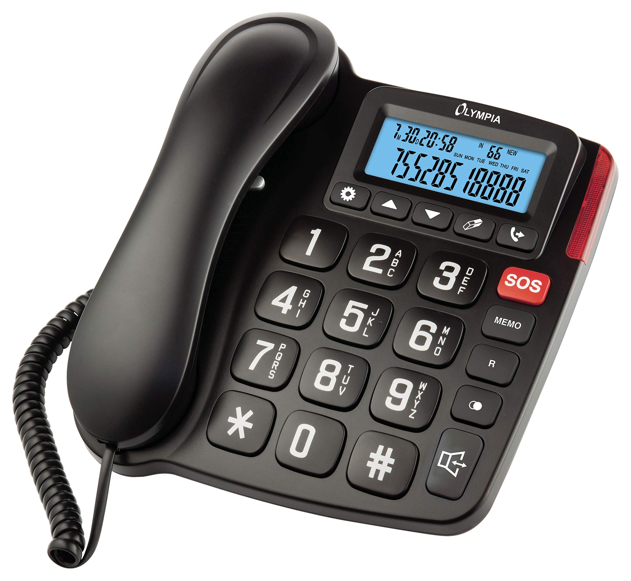 OLYMPIA 4520 Telefono fisso a filo per anziani, con tasti grandi, tasti SOS e vivavoce, Nero