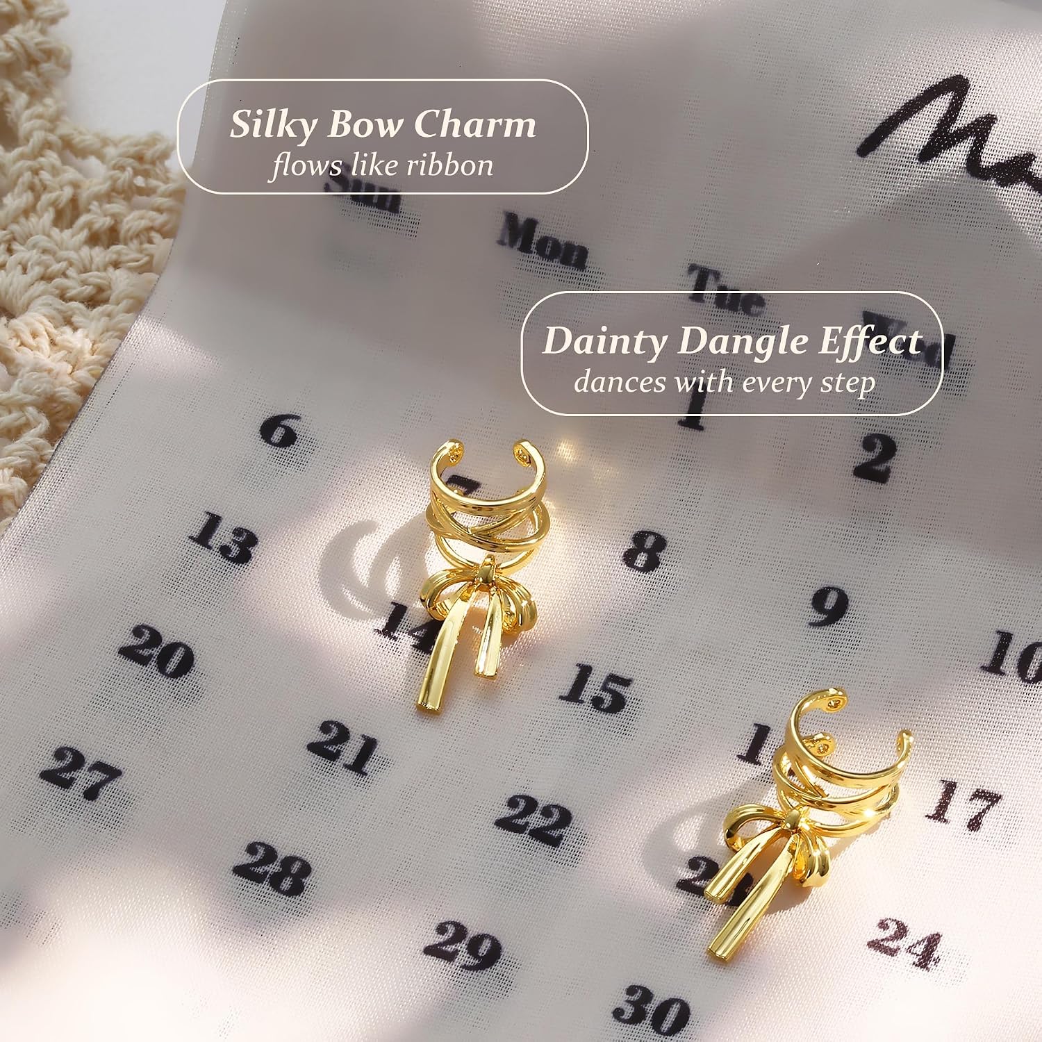 KRFY 1 Pair Bow Ear Cuffs Non Piercing for Women - Adjustable Dangle Cuff Earrings Sparkling Silver/16K Gold Plated Wrap Clip On Cartilage Helix Conch Fake Earrings Faux Jewelry