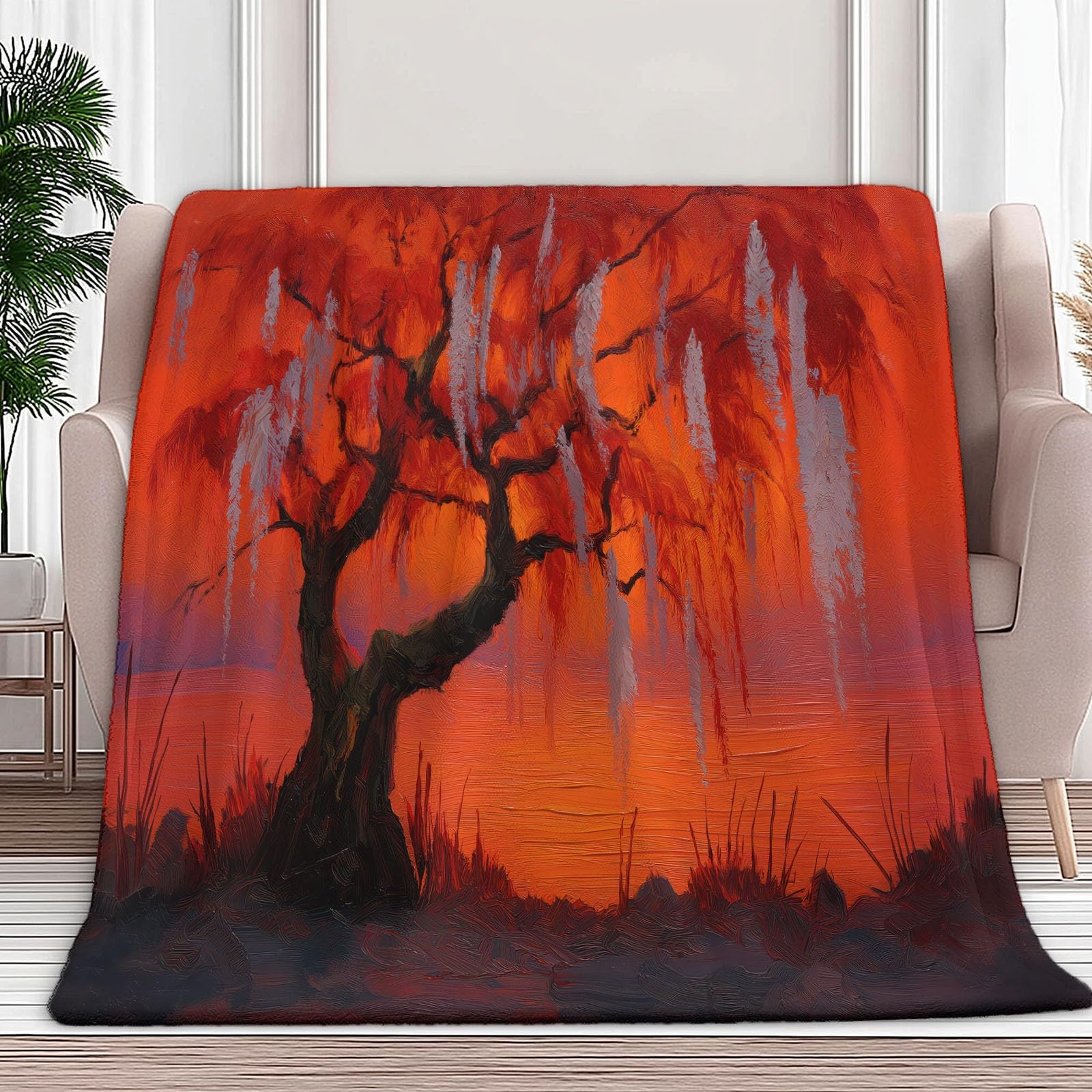 Couverture en flanelle saules au coucher du soleil plaid chaud rouge pour enfant