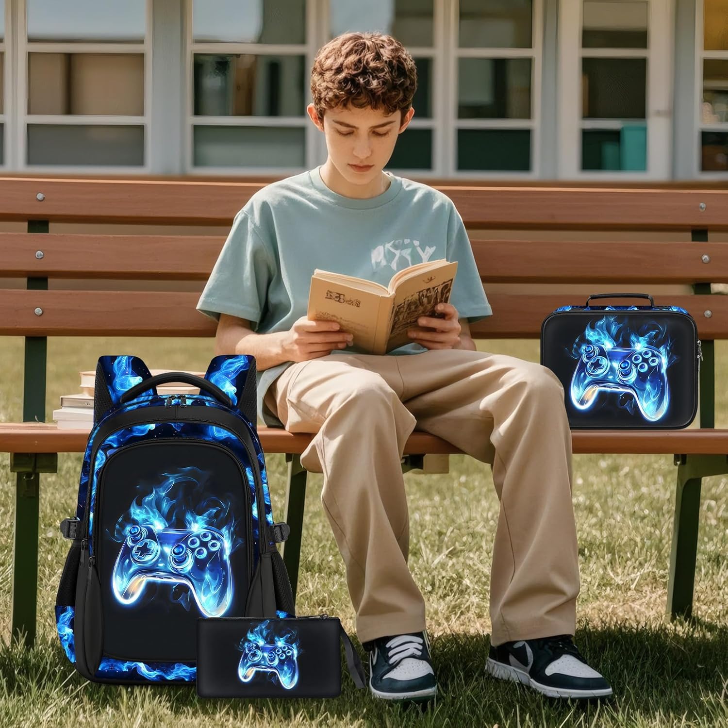 School Backpacks for Boys - 4pcs Gamer Boys Backpacks with Lunch Box Set for Kids Teens Elementary Middle School, 17″ Large Capacity Students Bookbag, Perfect for Travel