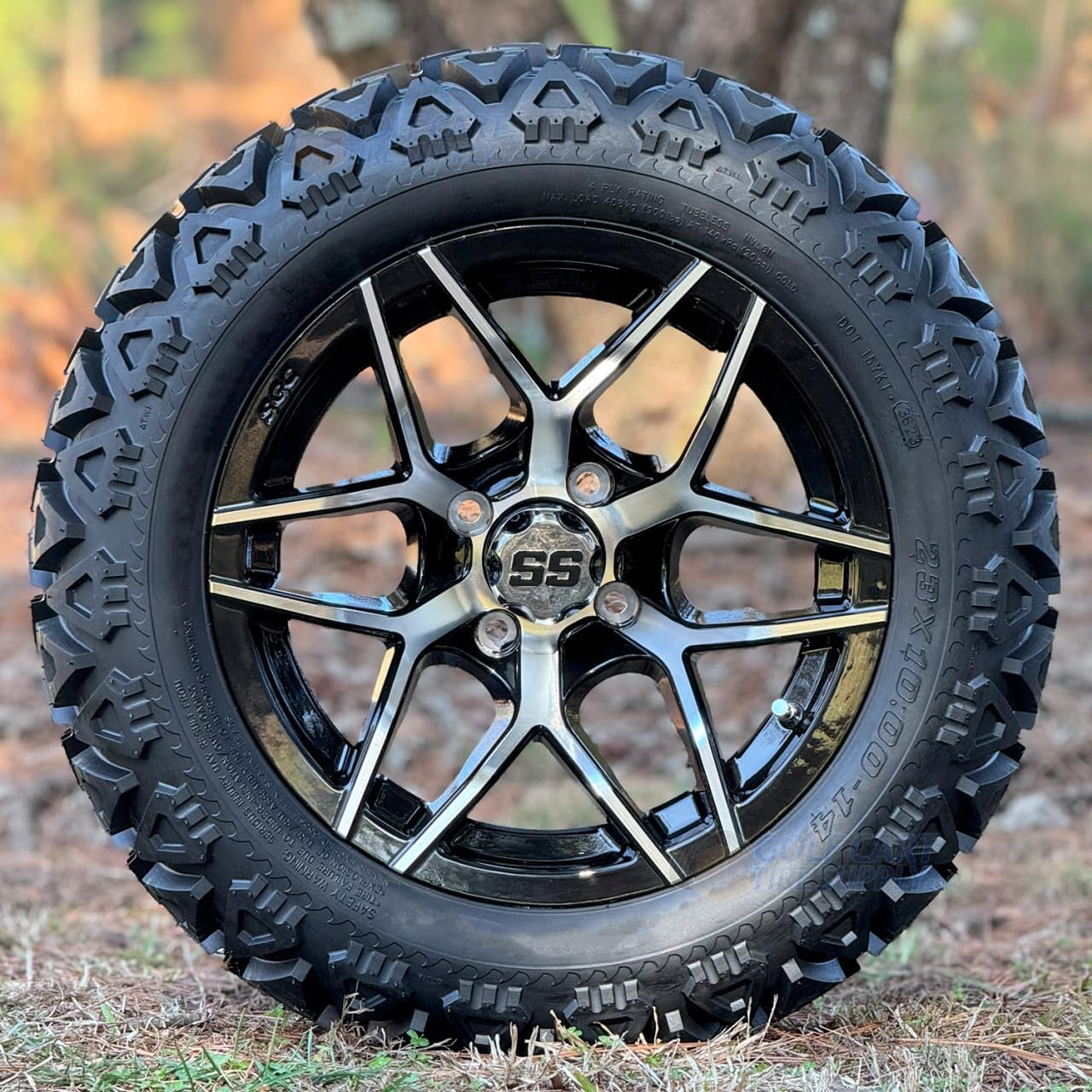 14" RALLY MACHINED/BLACK ALUMINUM WHEELS AND 23X10-14" DOT ALL TERRAIN TIRES COMBO - SET OF 4