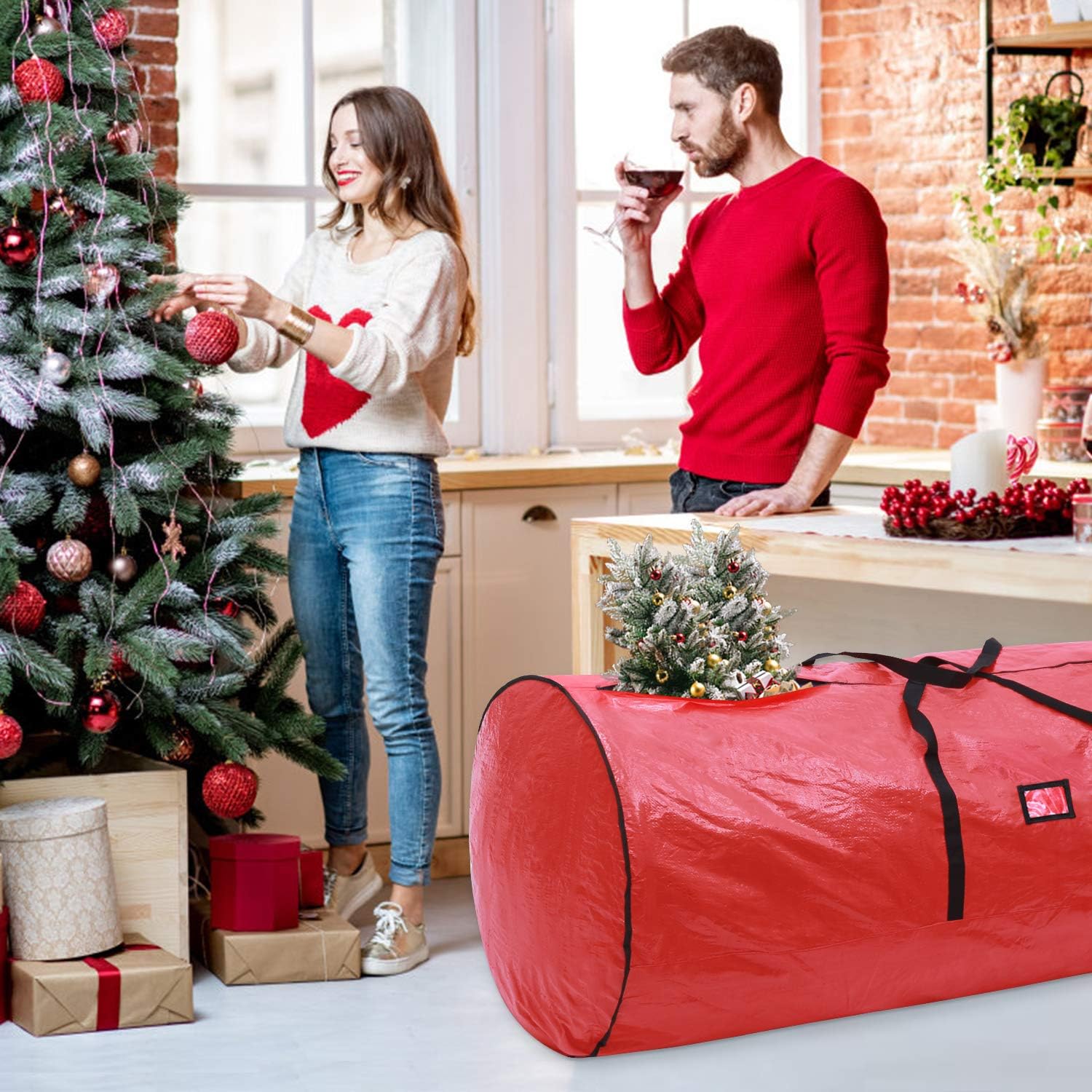 Ohuhu Christmas Tree Storage Bag, 9ft Christmas Tree Storage, 62 X 25.6 X 25.6 Extra Large Duffle Bag, ID Tag Holder with Reinforced Handles Zipper Tear Proof Material for 9ft Artificial Tree, Red