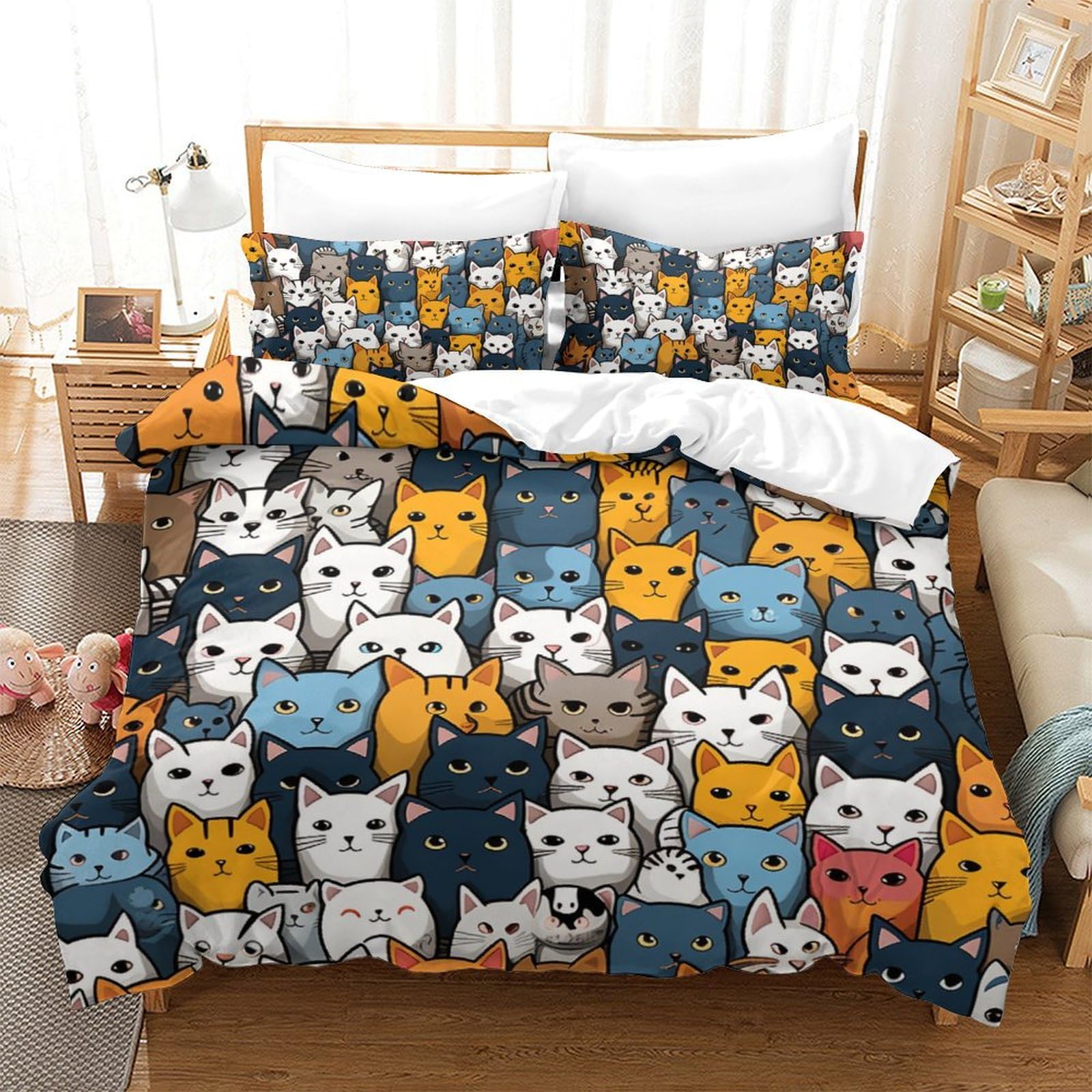 Housse de couette chat 3D parure de lit 3 pièces microfibre 220x240cm pour ado et enfant