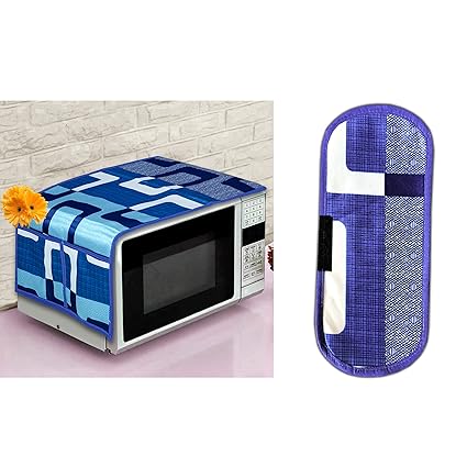 KANUSHI Industries Microwave/Oven Top Cover with 4 Utility Pockets + 1 Pc Handle Cover (Micro-Blue-Box+1-Handle)