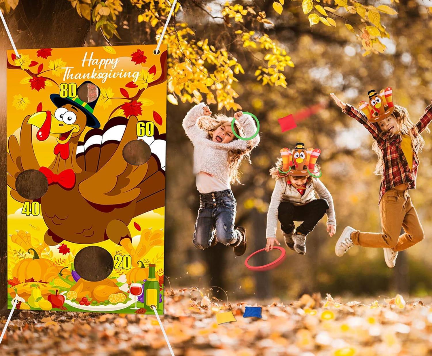 90shine 3Pcs Thanksgiving Turkey Ring Toss Games for Kids - Fall Bean Bag Inflatable Hat Toys for Adults Family Activities Party Favors Indoor Outdoor - Style 1