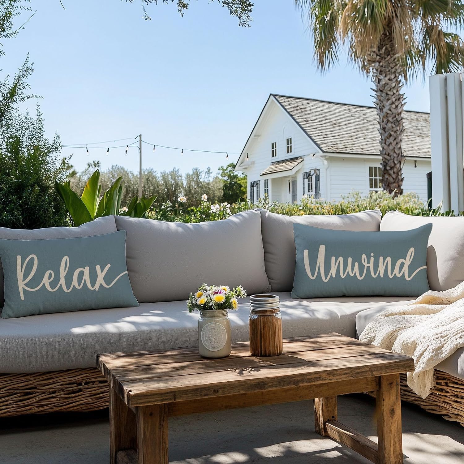 Decorative Throw Pillow Covers 12x20 Inch Set of 2 Relax Unwind Dusty Blue Outdoor Farmhouse Front Porch Patio Decor Lumbar Cushion Case Decoration for Home Sofa Couch Living Room - Image 3