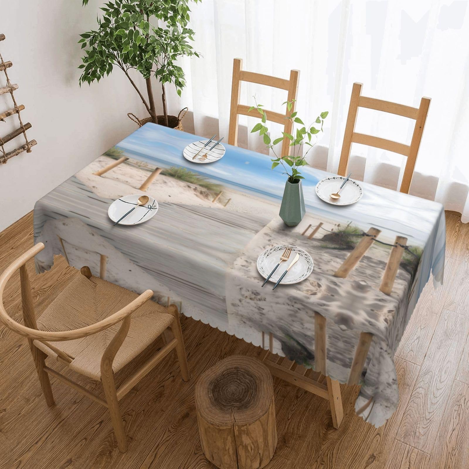HLSBSSL Beach Scenery Patterned square lace tablecloth, wrinkle-resistant and durable, suitable for dining tables, parties, etc.
