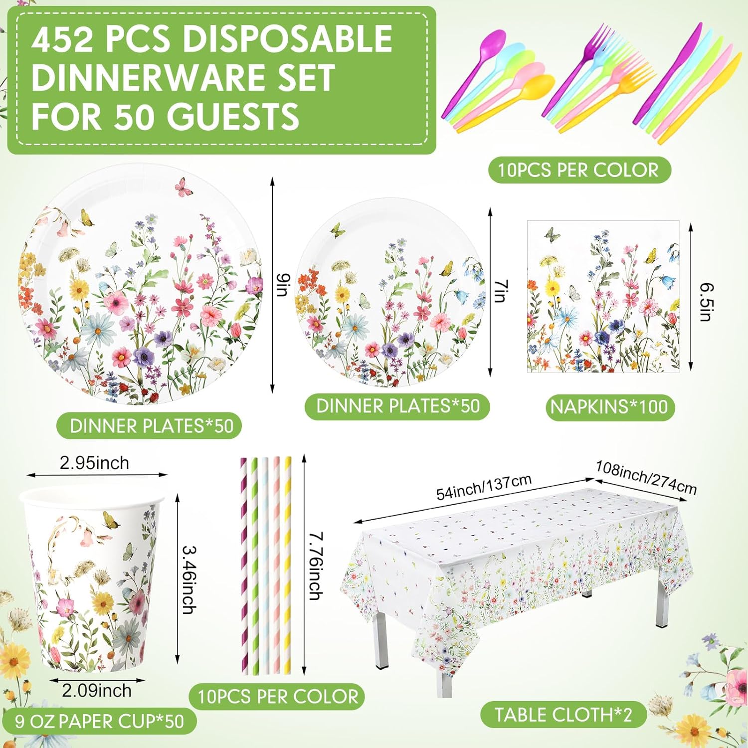Funnymoom 452 Pcs Wildflower Party Supplies Include Spring Floral Disposable Paper Plates Napkins Cups Tablecloth and Cutlery Straws for Wedding Garden Tea Party Decoration Bridal Shower Baby Shower