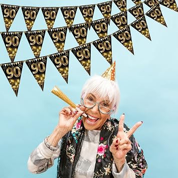 40 Pieces Happy 90th Birthday Banner Bunting Flags Gold and Black Glitter 90th Birthday Anniversary Party Decoration Supplies 90th Birthday Triangle Flag Banner for Men Women