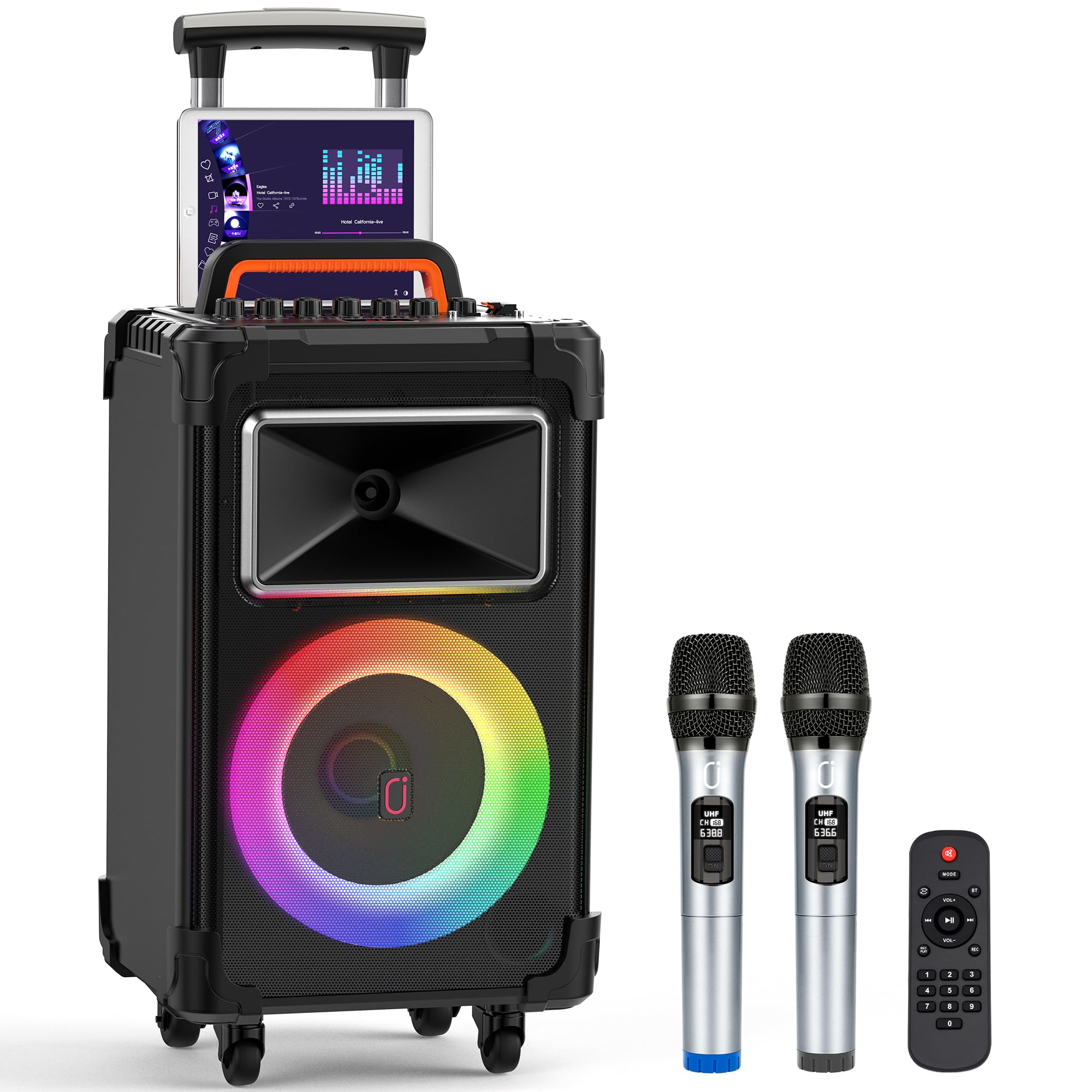 JYX AN20 Karaoke Machine with 2 Wireless Microphones, Bluetooth PA System with 10'' Subwoofer, Vocal Cut, Sound Effects, LED Lights, Treble/Bass Adjustment (Dark black)