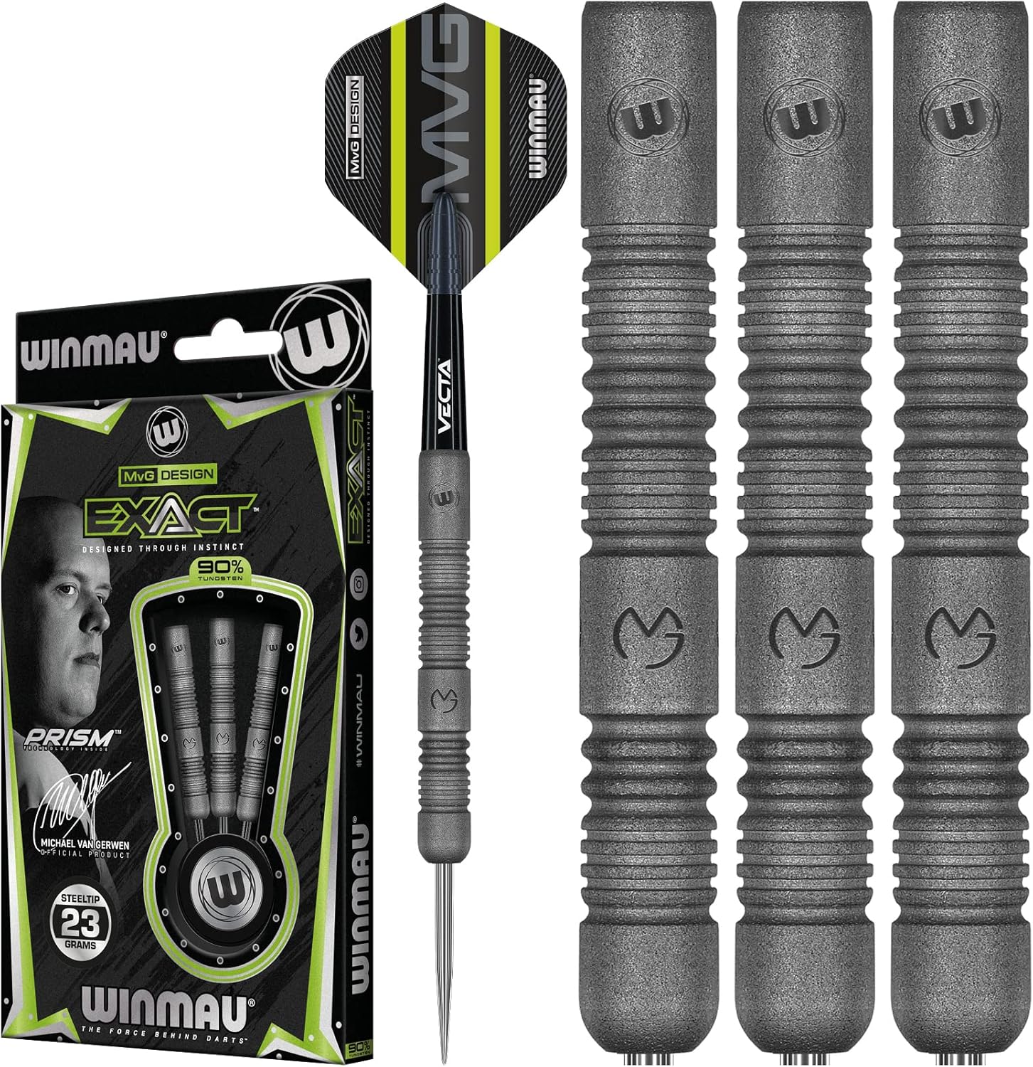 WINMAU Darts Set - Michael Van Gerwen MvG Exact Steeltip Darts - Includes Darts Flights & Stems, Available in 21.5g, 23g, 24g & 25g, Professional 90% Tungsten Darts Set