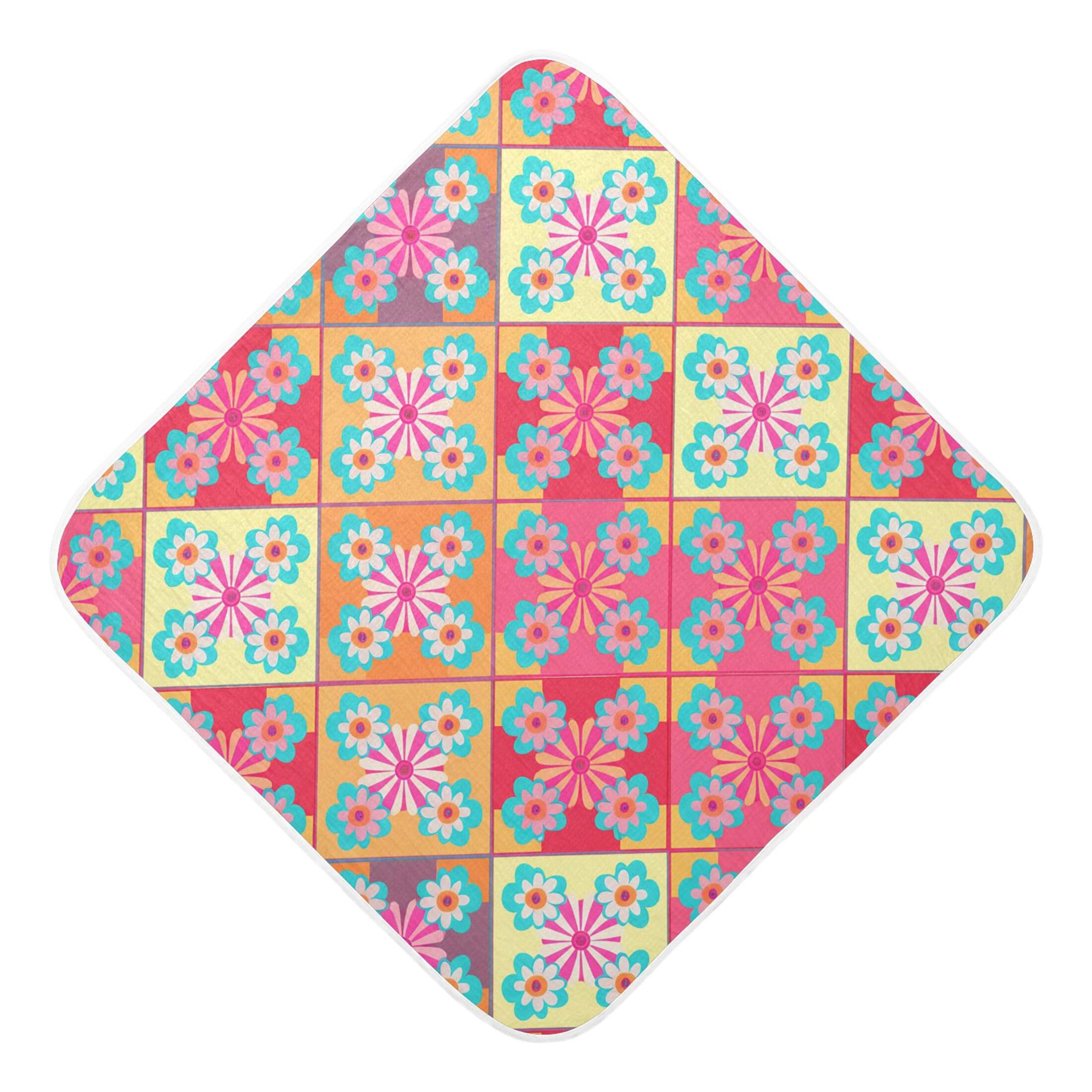 Kigai Baby Hooded Towel Absorbent Baby Bath Shower Towel with Hood for Newborn Boys Girls Babies Infant Toddler (Modern Flower Squares 30 x 30 in)