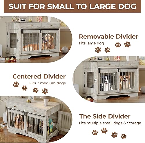 Miniatura 3 de Caja de mueble para perros de 47", Caja de perro estilo mueble grande para perros grandesmedianospequeños (Gris retro, una jaula)