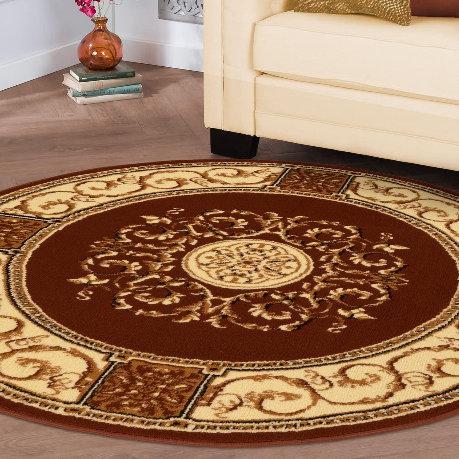 Superior Indoor Area Rug, Plush Carpet Cover, Traditional Oriental Medallion, Perfect for Hallway, Entryay, Living, Dining, Bedroom, Office, Kitchen, Medallion Collection, 5' Round, Toffee