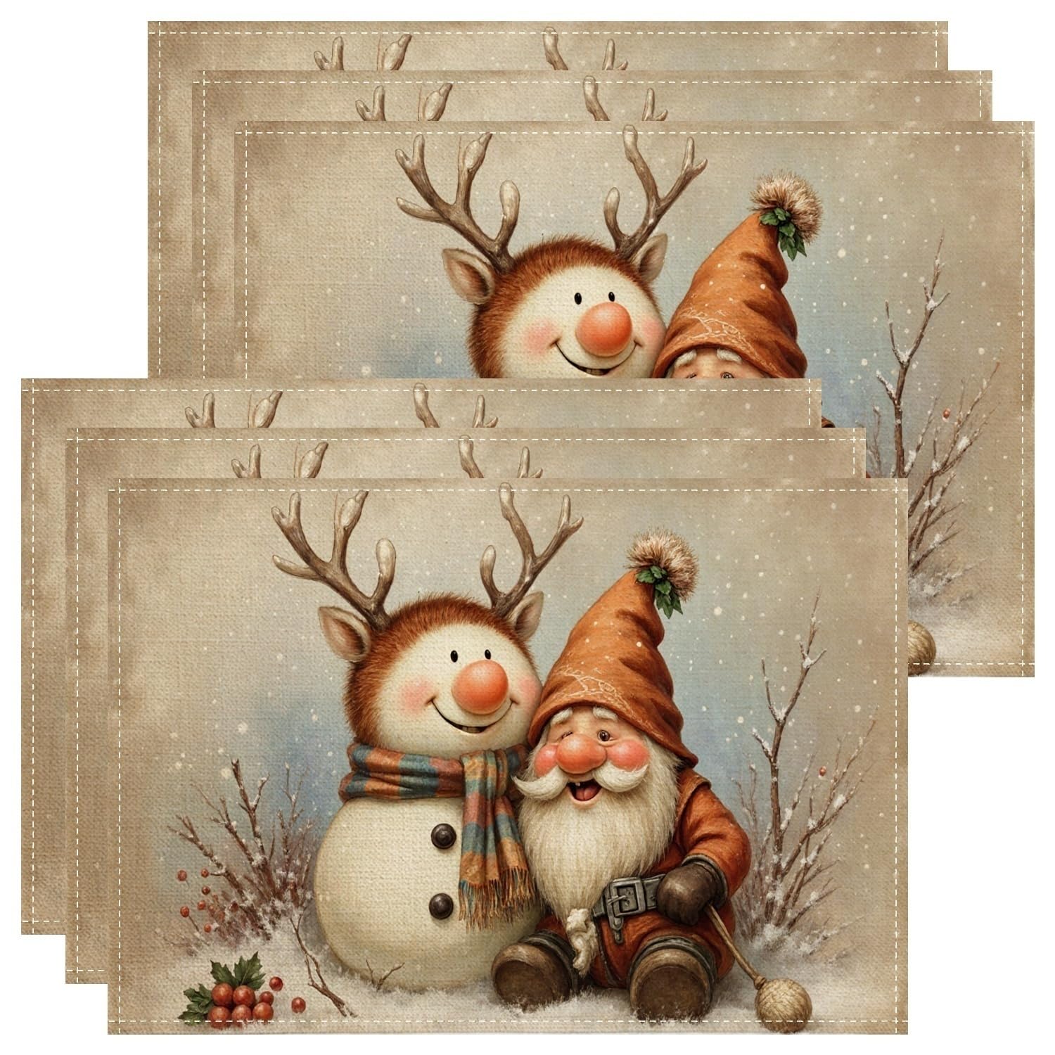 Christmas Snow Man and Reindeer Placemats, Cute Fanciful Holiday Table Mats for Dining, Festive Non-Slip Washable Indoor Outdoor Kitchen Party Decorative Placemat Set of 6